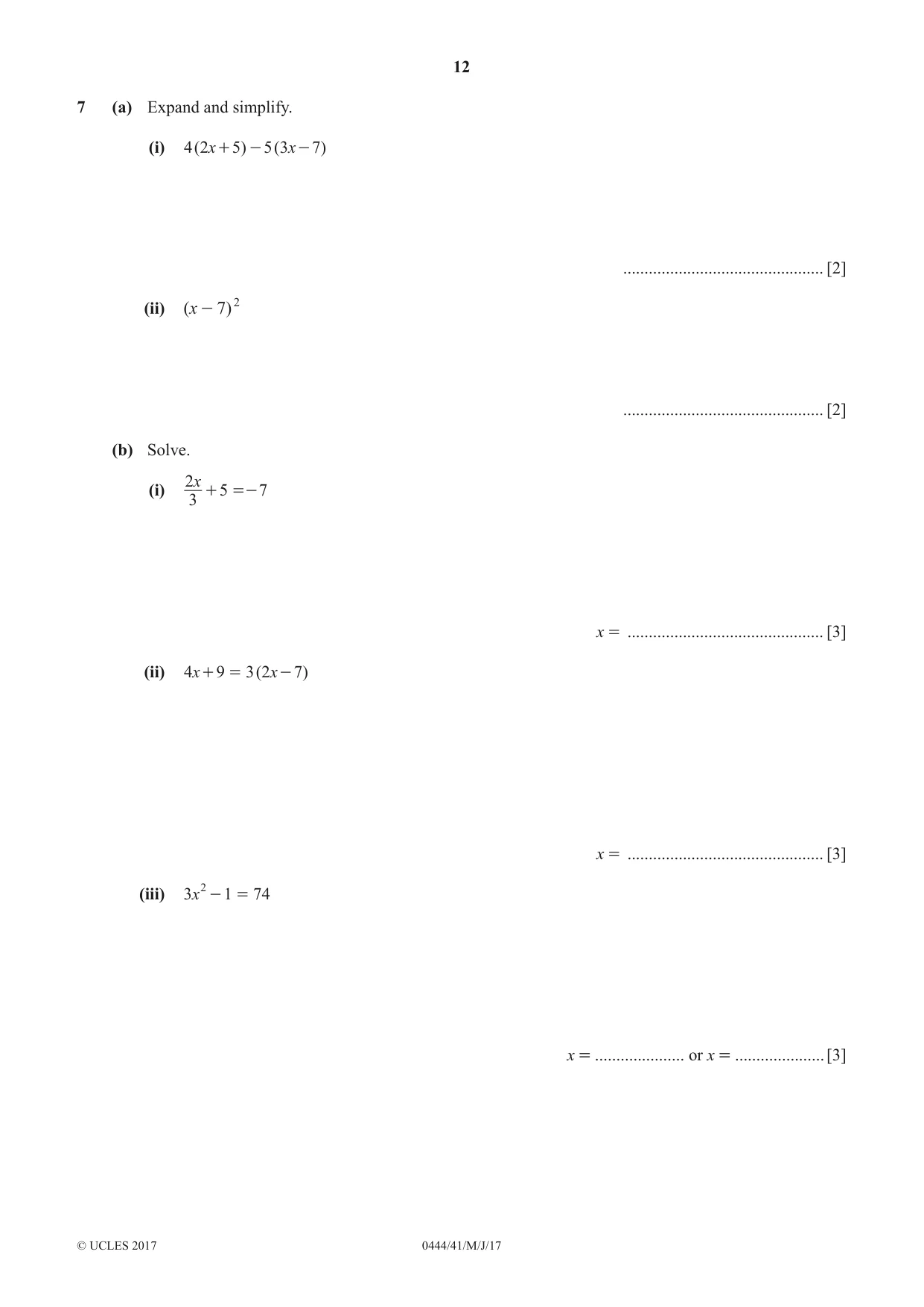 Cambridge IGCSE Mathematics (US) 0444 2017 May/June Paper 4 · Variant 1 question paper, page 12 of 16