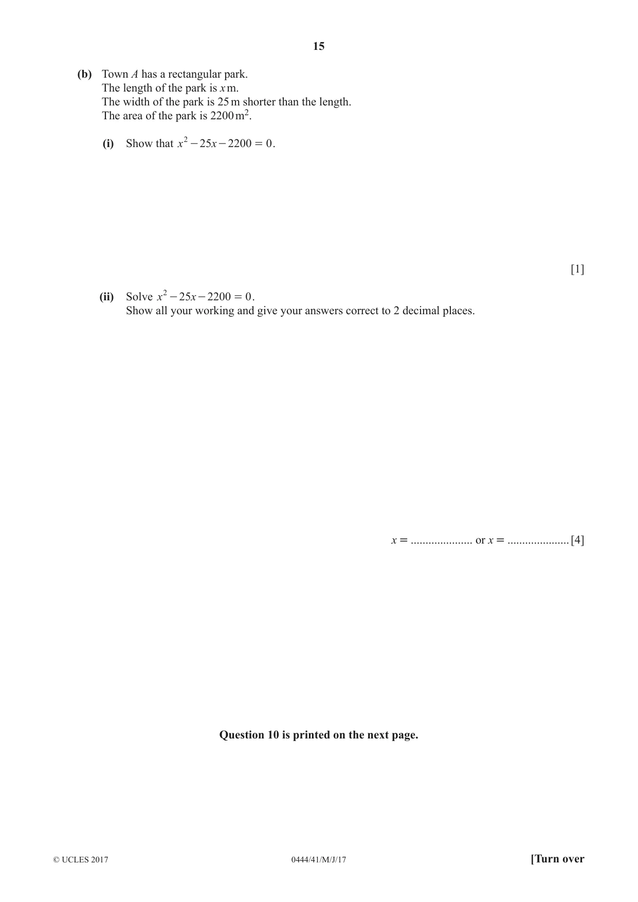 Cambridge IGCSE Mathematics (US) 0444 2017 May/June Paper 4 · Variant 1 question paper, page 15 of 16