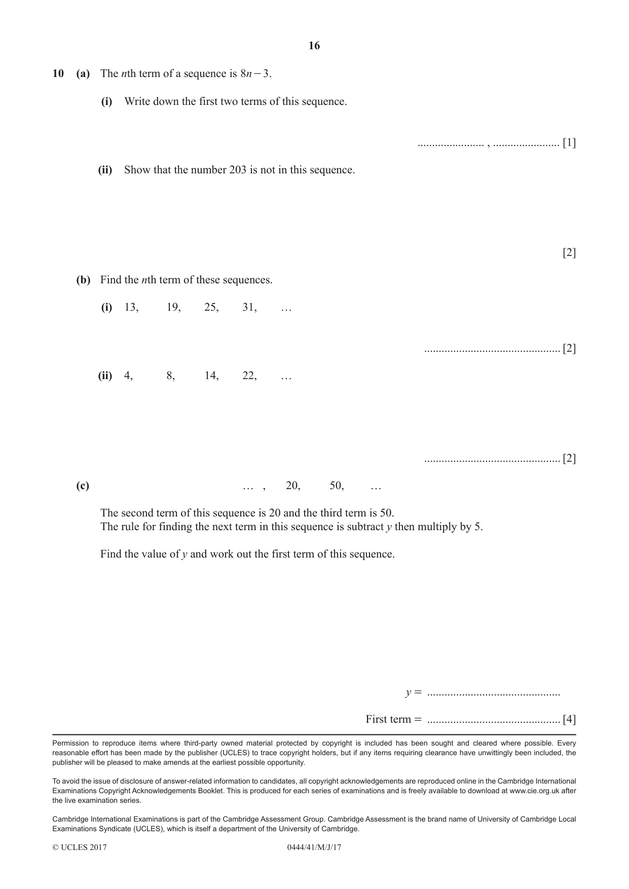 Cambridge IGCSE Mathematics (US) 0444 2017 May/June Paper 4 · Variant 1 question paper, page 16 of 16
