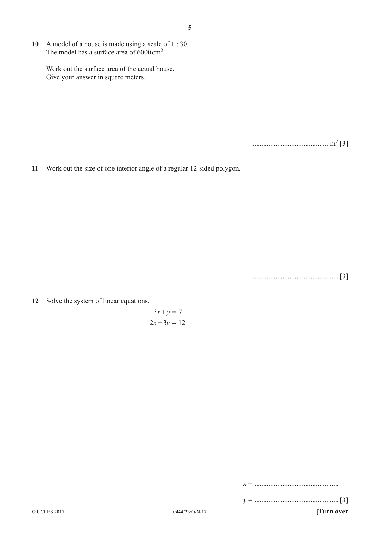 Cambridge IGCSE Mathematics (US) 0444 2017 Oct/Nov Paper 2 · Variant 3 question paper, page 5 of 12