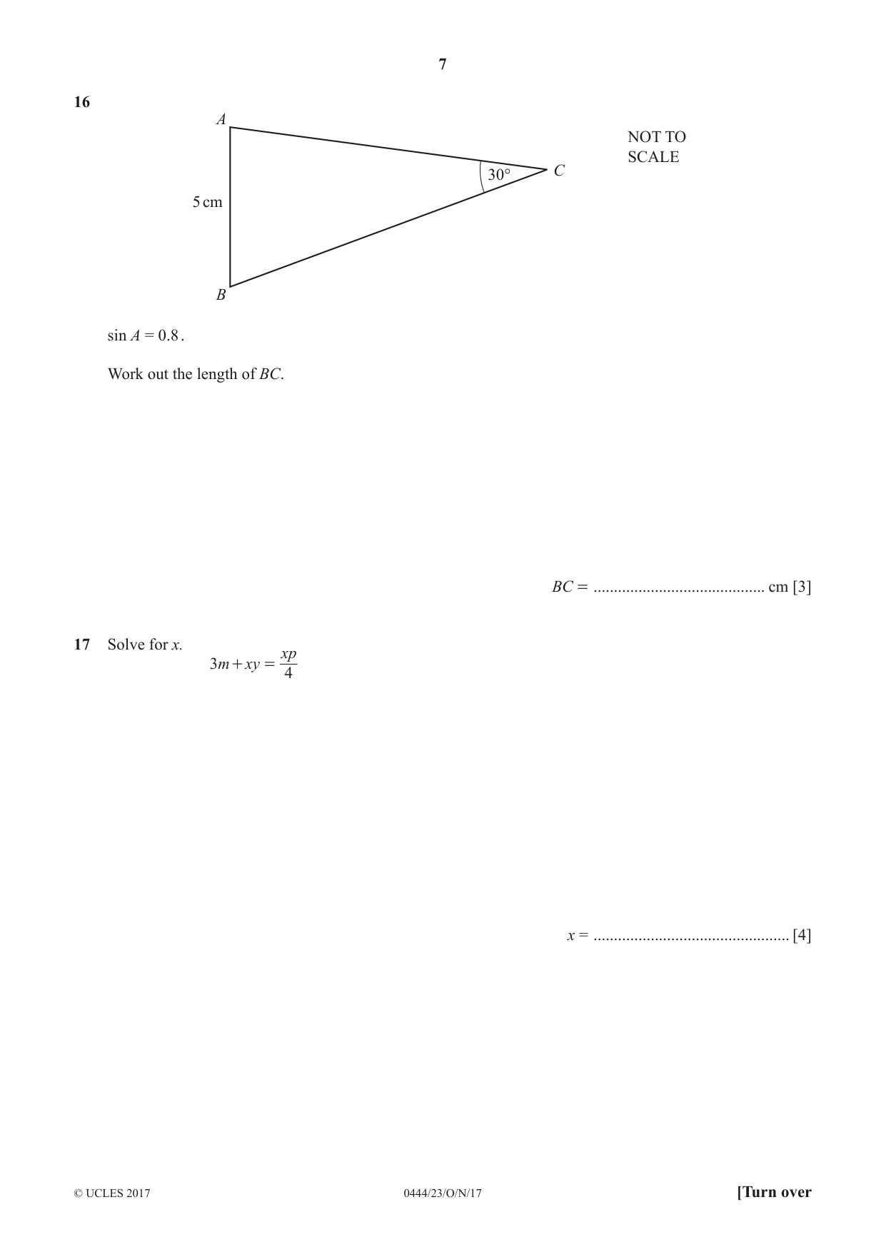 Cambridge IGCSE Mathematics (US) 0444 2017 Oct/Nov Paper 2 · Variant 3 question paper, page 7 of 12