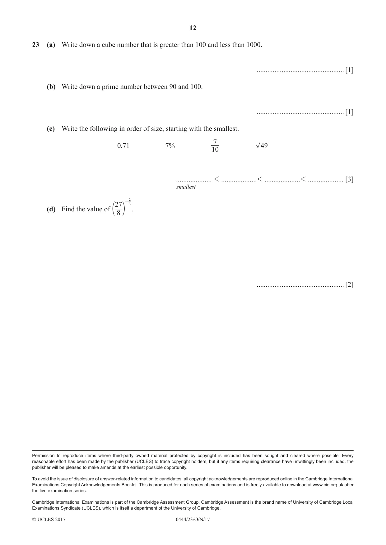 Cambridge IGCSE Mathematics (US) 0444 2017 Oct/Nov Paper 2 · Variant 3 question paper, page 12 of 12