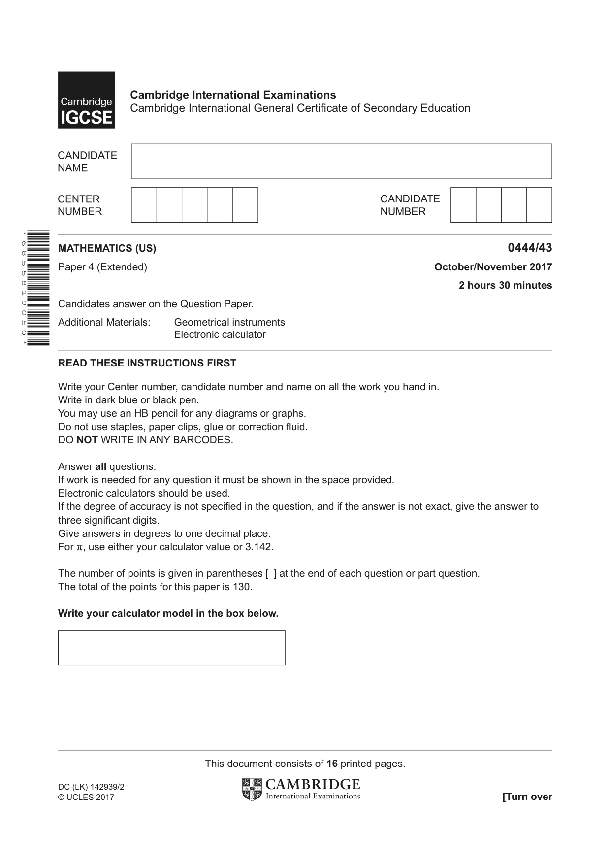 Cambridge IGCSE Mathematics (US) 0444 2017 Oct/Nov Paper 4 · Variant 3 question paper, page 1 of 16