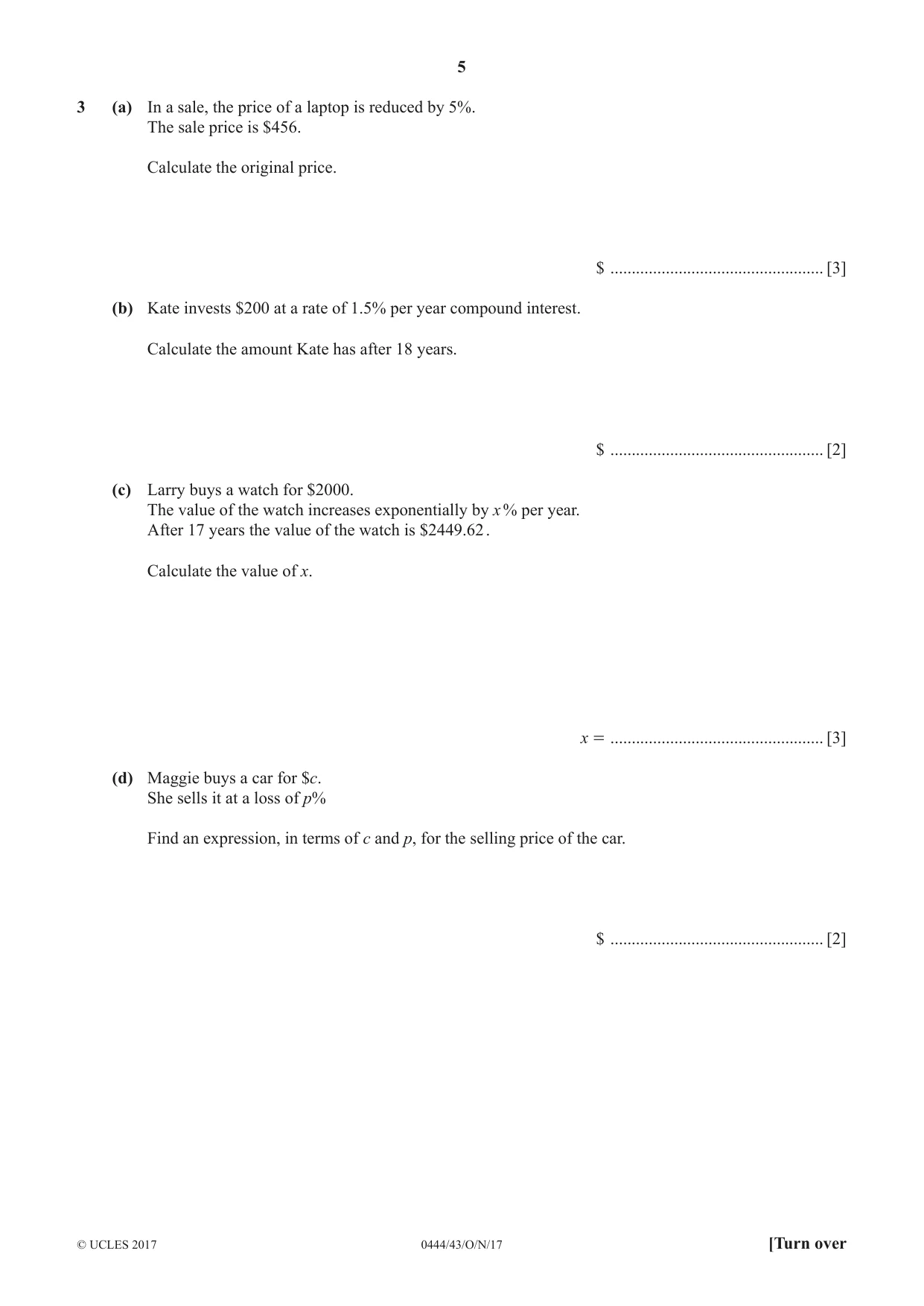 Cambridge IGCSE Mathematics (US) 0444 2017 Oct/Nov Paper 4 · Variant 3 question paper, page 5 of 16