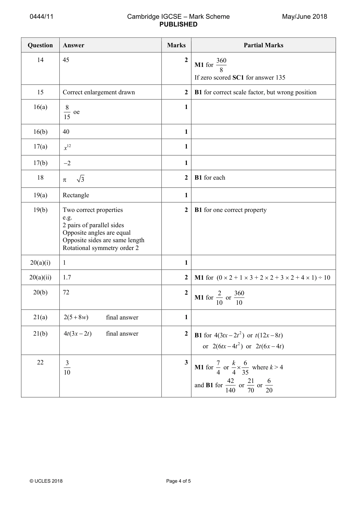 Mark scheme, page 4 of 5