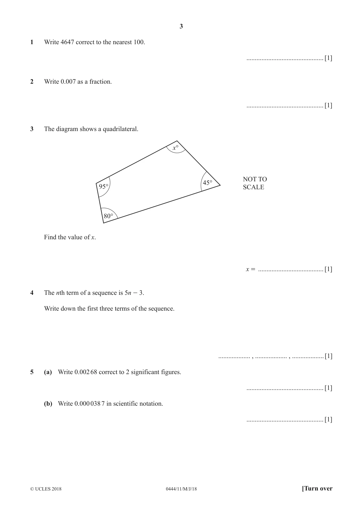Cambridge IGCSE Mathematics (US) 0444 2018 May/June Paper 1 · Variant 1 question paper, page 3 of 12