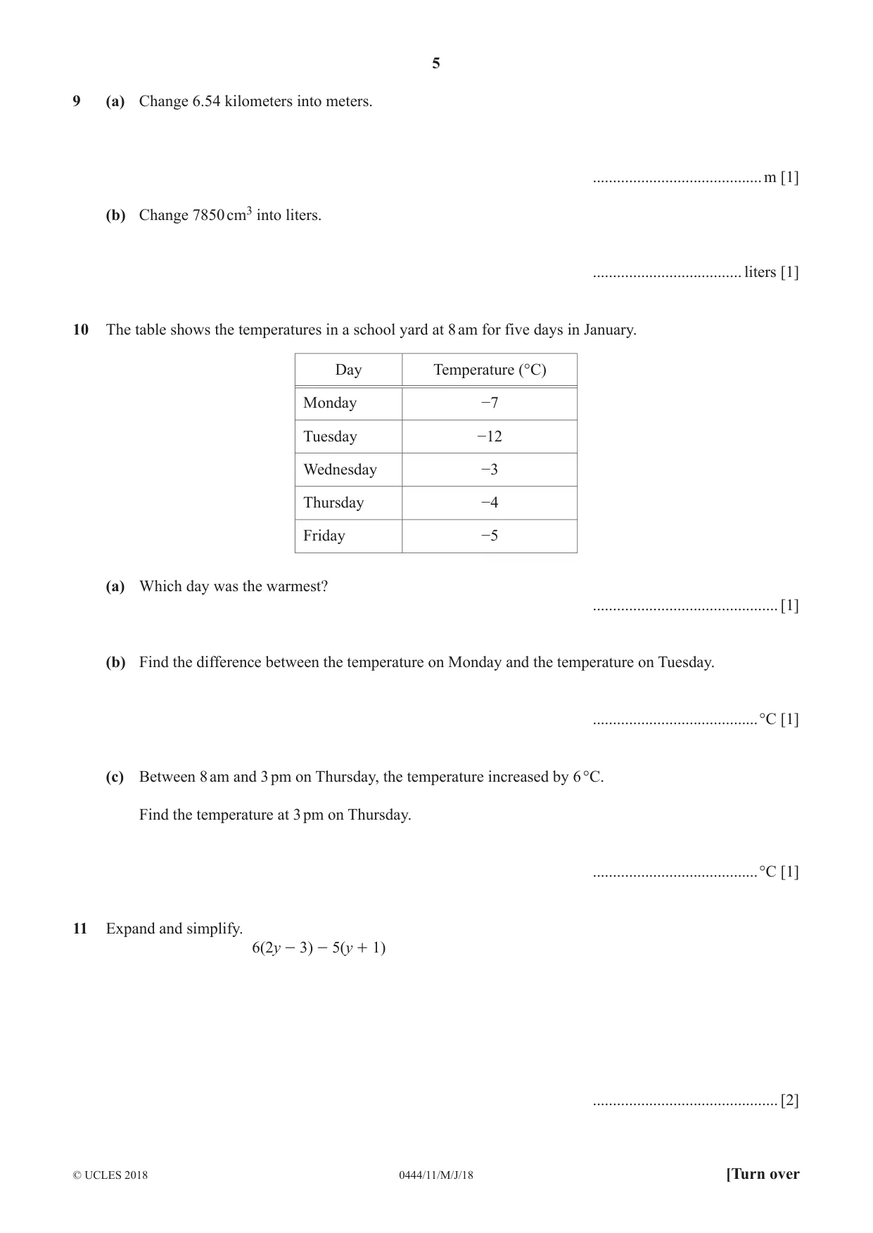 Cambridge IGCSE Mathematics (US) 0444 2018 May/June Paper 1 · Variant 1 question paper, page 5 of 12