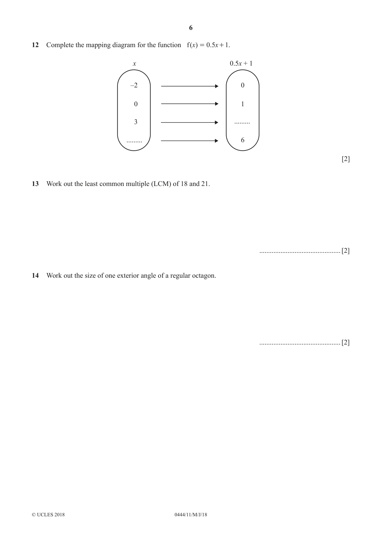 Cambridge IGCSE Mathematics (US) 0444 2018 May/June Paper 1 · Variant 1 question paper, page 6 of 12