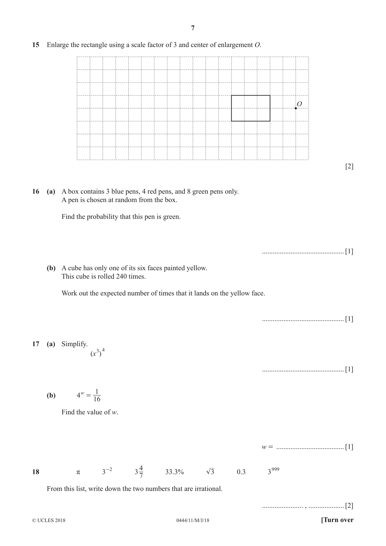 Cambridge IGCSE Mathematics (US) 0444 2018 May/June Paper 1 · Variant 1 question paper, page 7 of 12