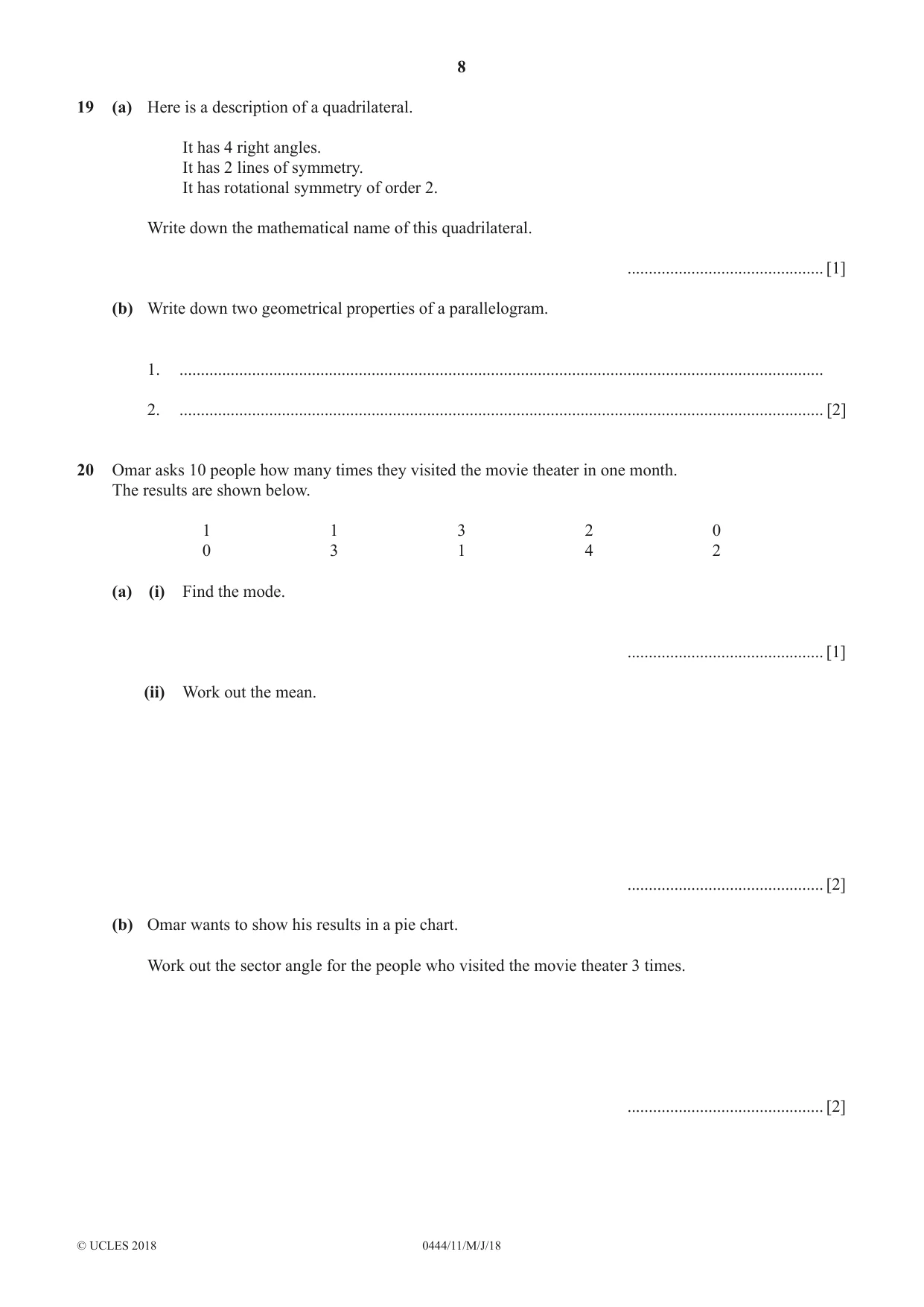 Cambridge IGCSE Mathematics (US) 0444 2018 May/June Paper 1 · Variant 1 question paper, page 8 of 12