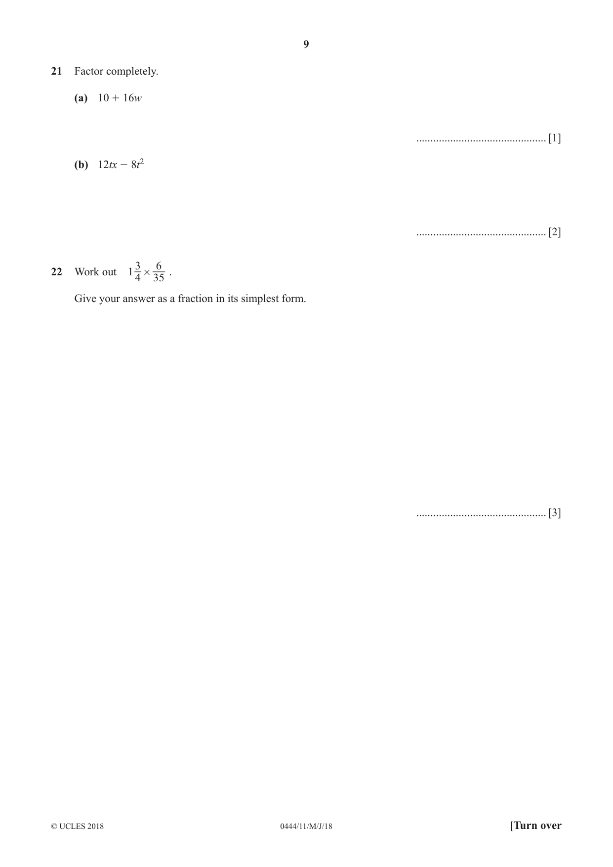 Cambridge IGCSE Mathematics (US) 0444 2018 May/June Paper 1 · Variant 1 question paper, page 9 of 12