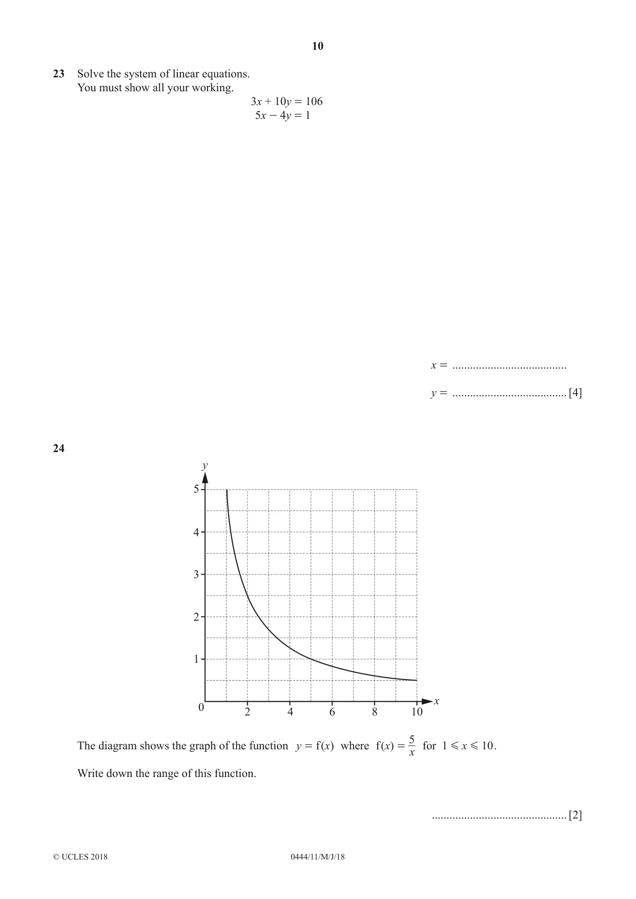 Cambridge IGCSE Mathematics (US) 0444 2018 May/June Paper 1 · Variant 1 question paper, page 10 of 12