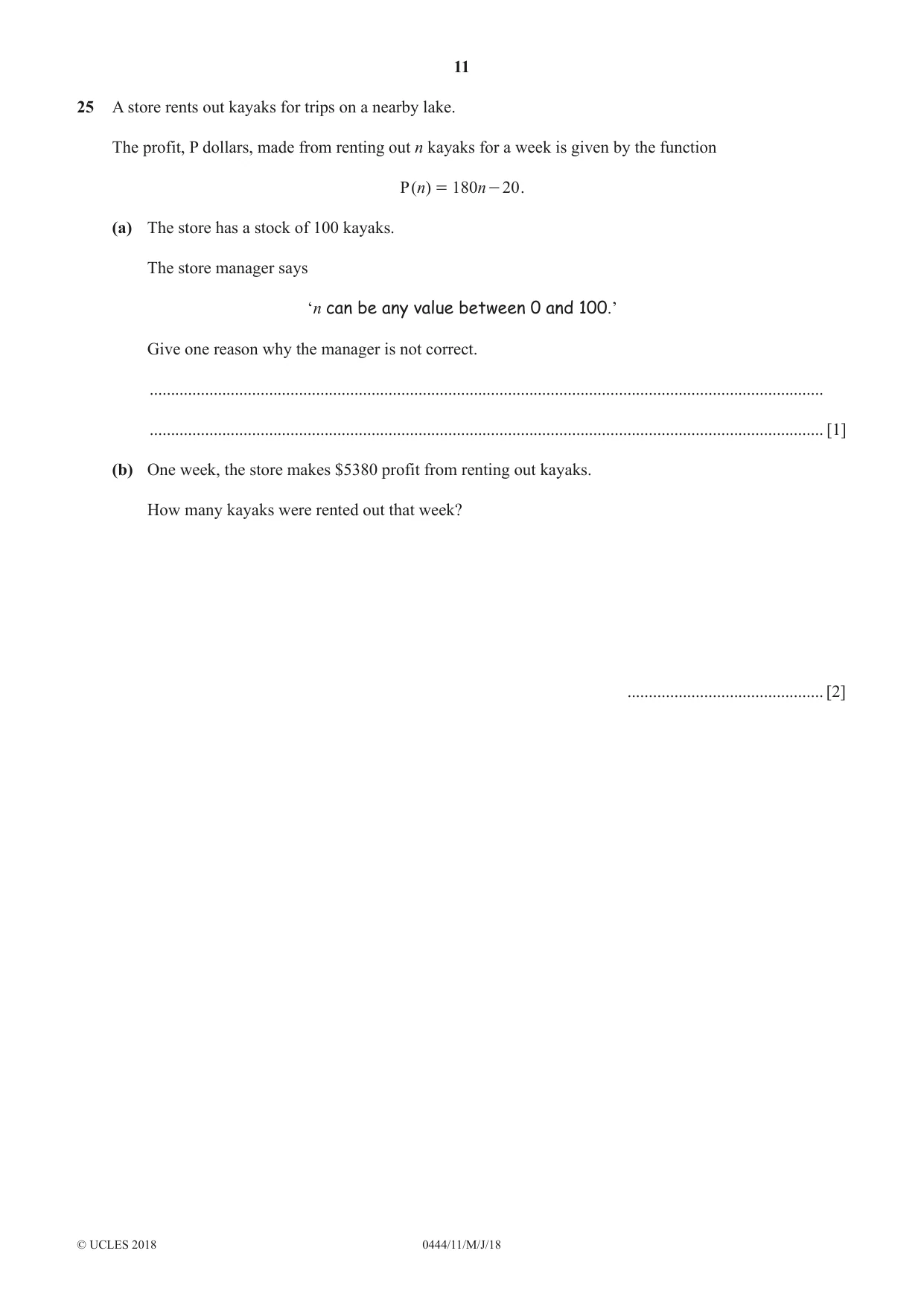 Cambridge IGCSE Mathematics (US) 0444 2018 May/June Paper 1 · Variant 1 question paper, page 11 of 12