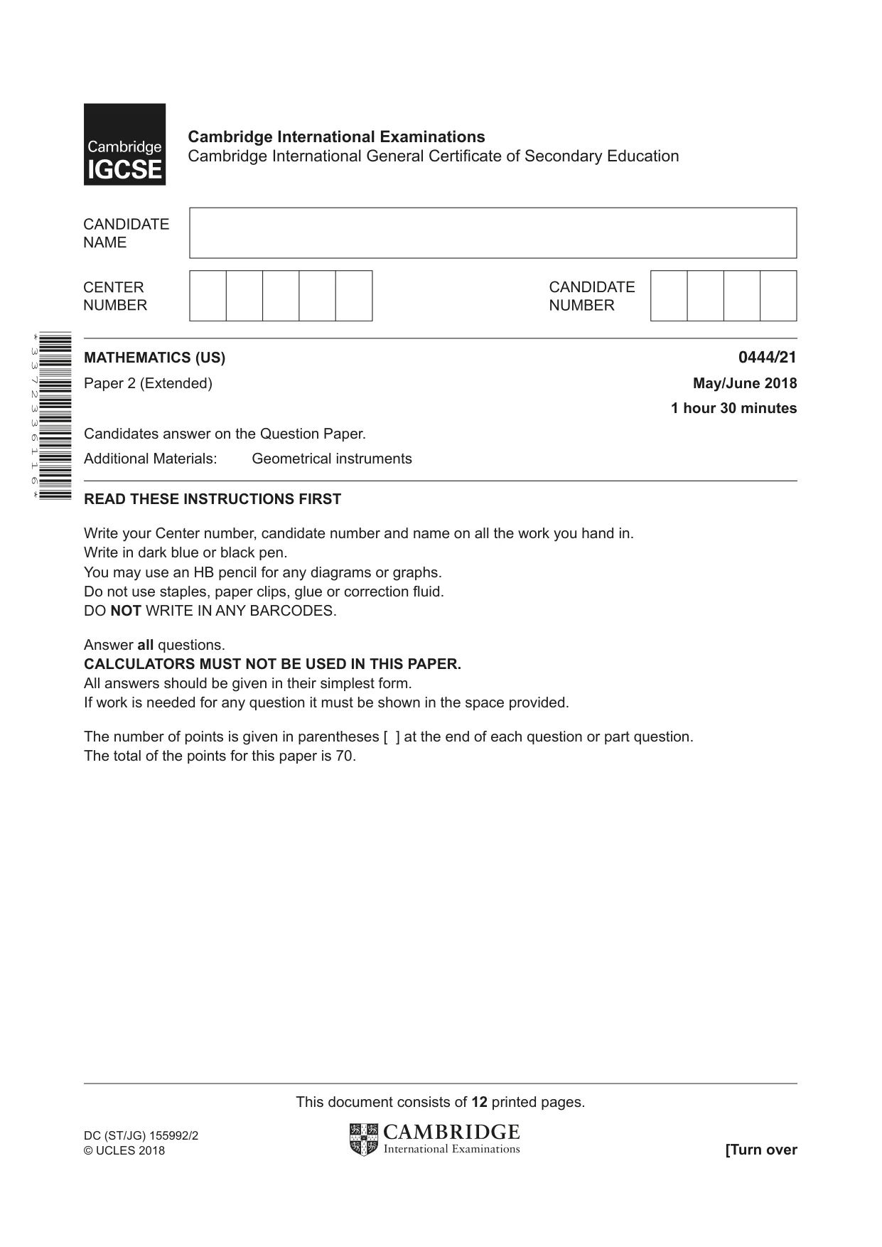 Cambridge IGCSE Mathematics (US) 0444 2018 May/June Paper 2 · Variant 1 question paper, page 1 of 12