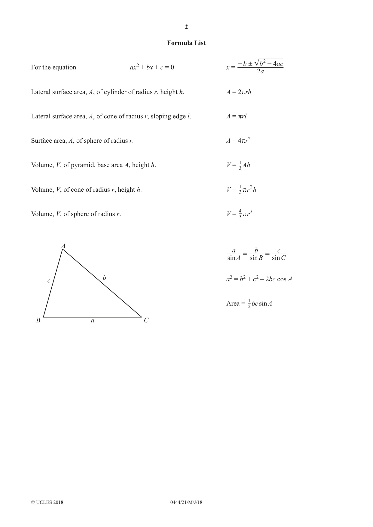 Cambridge IGCSE Mathematics (US) 0444 2018 May/June Paper 2 · Variant 1 question paper, page 2 of 12