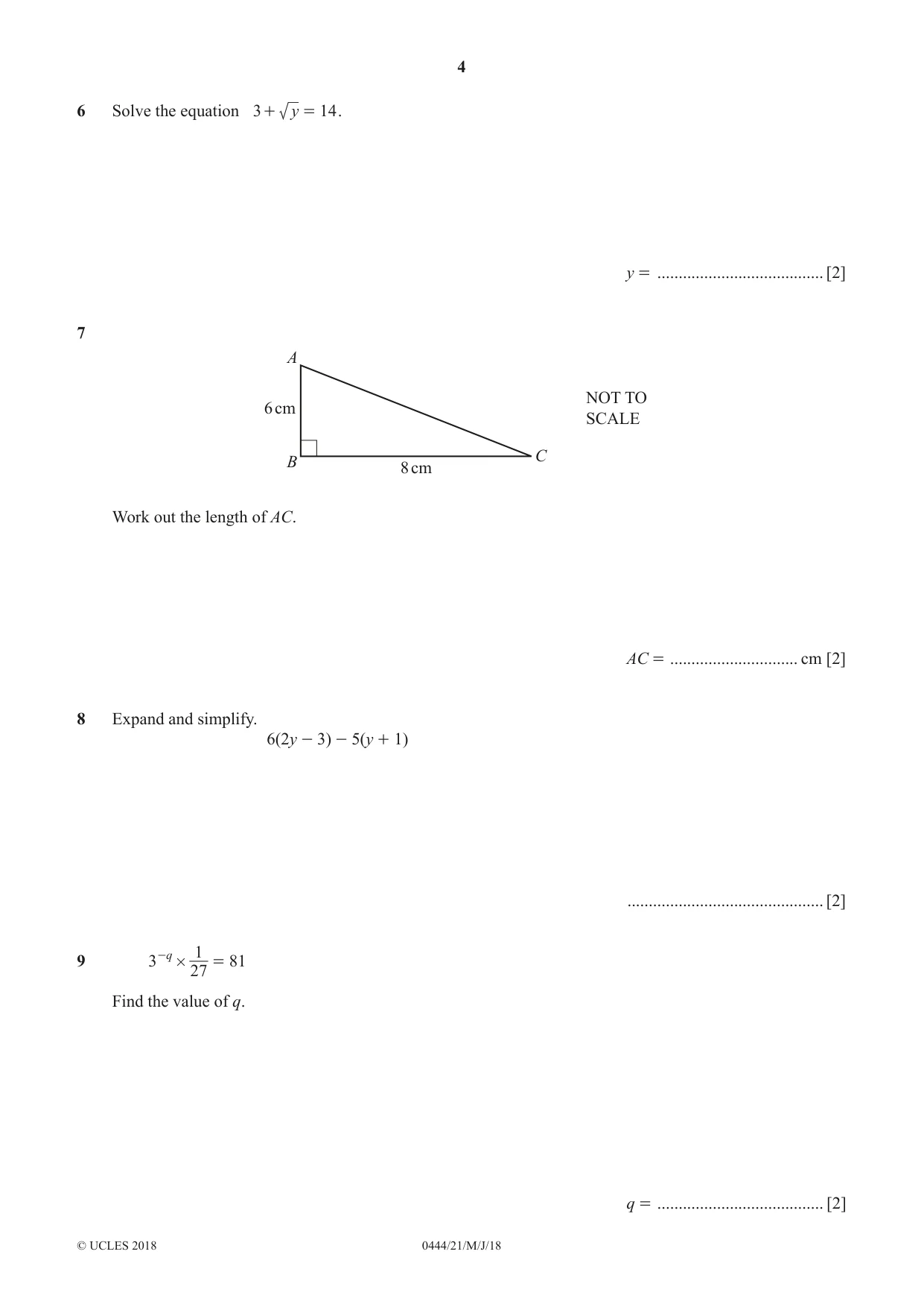 Cambridge IGCSE Mathematics (US) 0444 2018 May/June Paper 2 · Variant 1 question paper, page 4 of 12