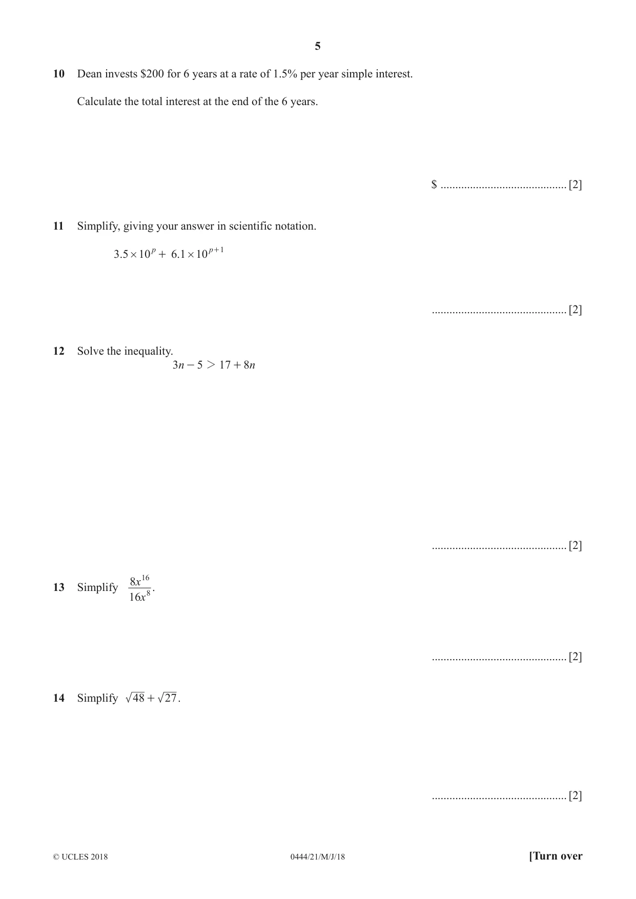 Cambridge IGCSE Mathematics (US) 0444 2018 May/June Paper 2 · Variant 1 question paper, page 5 of 12