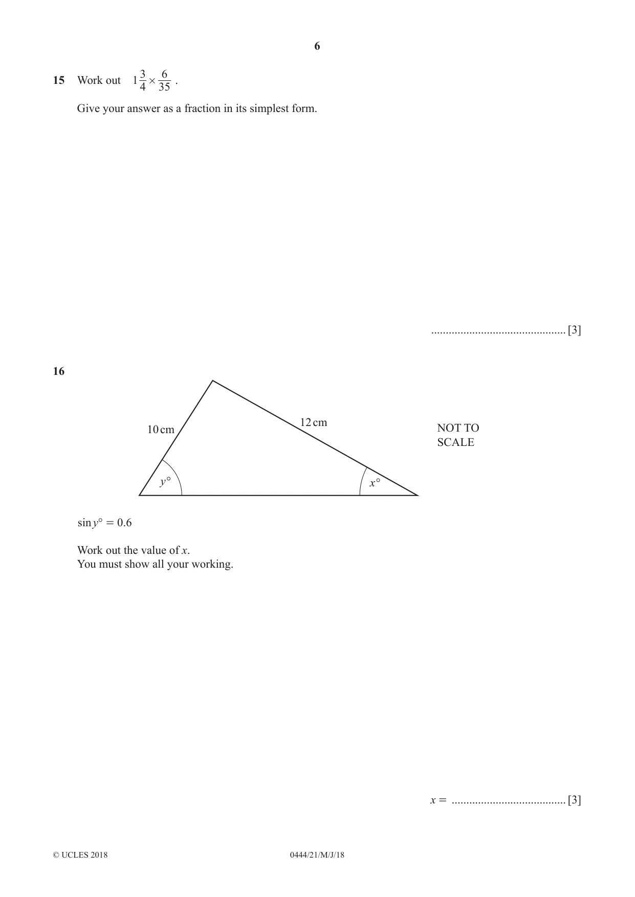 Cambridge IGCSE Mathematics (US) 0444 2018 May/June Paper 2 · Variant 1 question paper, page 6 of 12