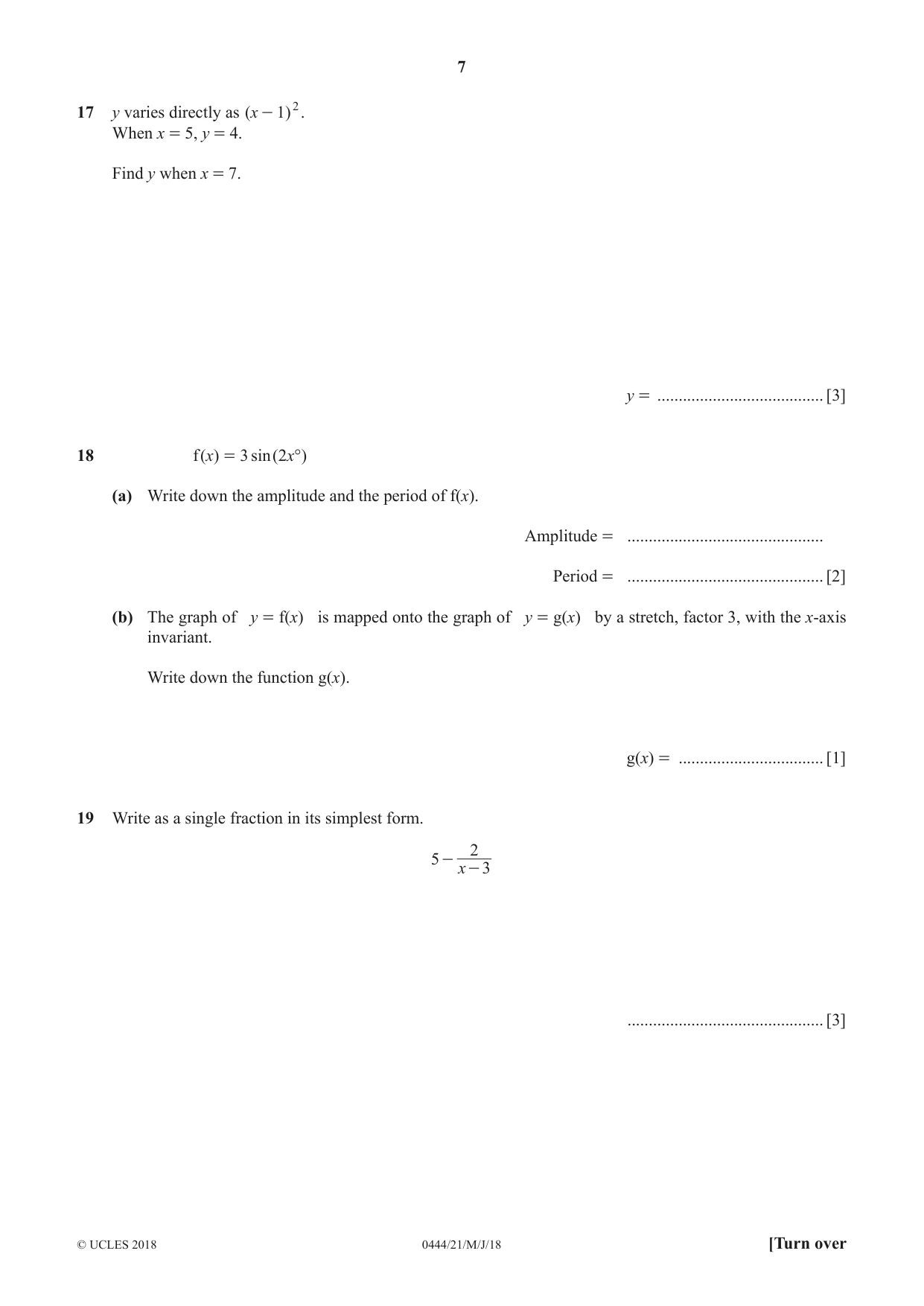 Cambridge IGCSE Mathematics (US) 0444 2018 May/June Paper 2 · Variant 1 question paper, page 7 of 12