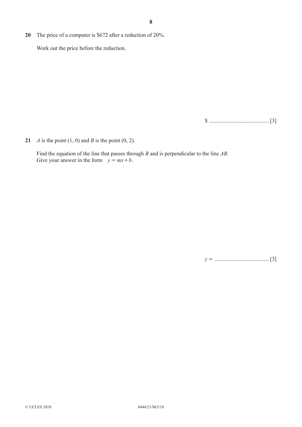 Cambridge IGCSE Mathematics (US) 0444 2018 May/June Paper 2 · Variant 1 question paper, page 8 of 12