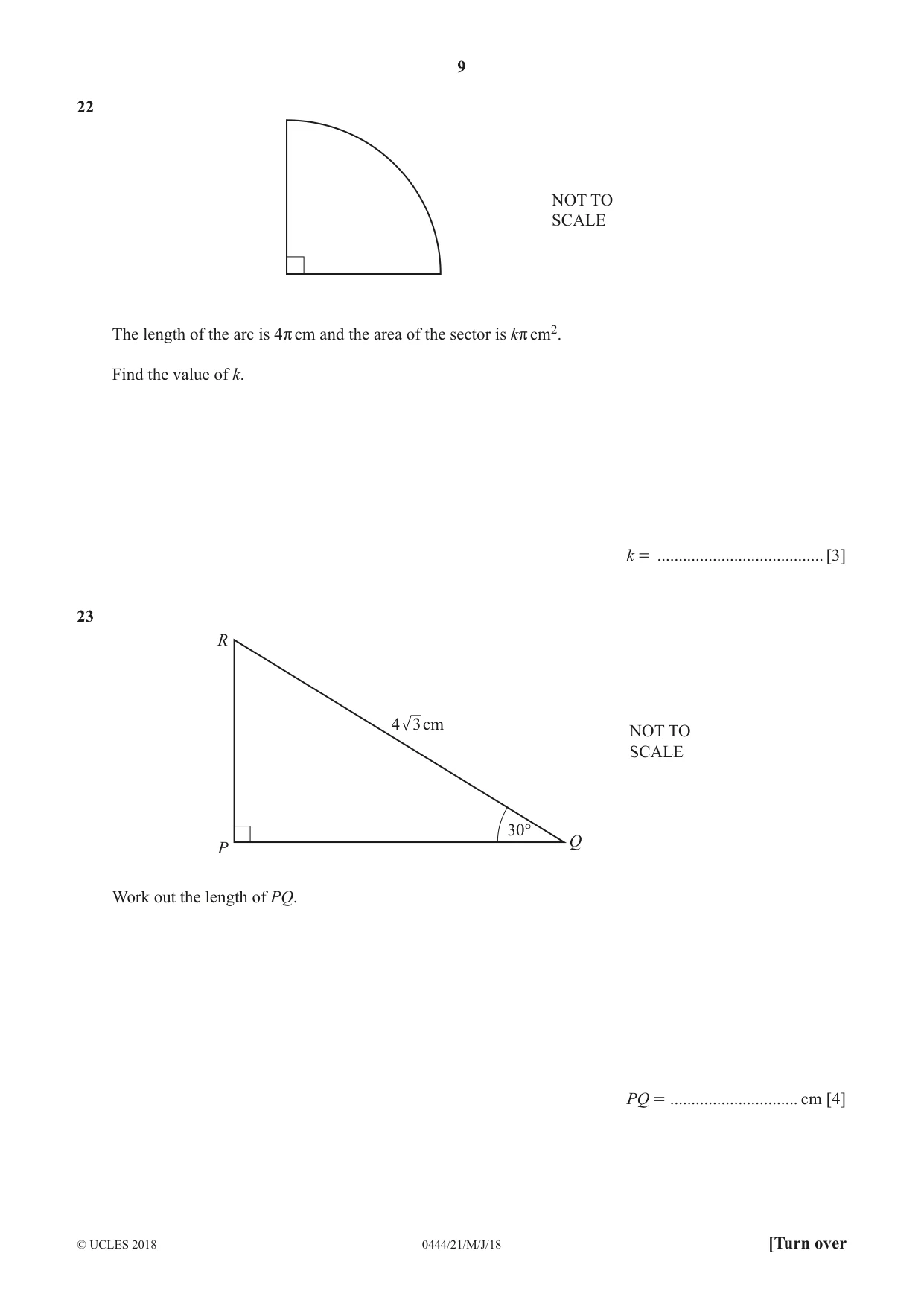 Cambridge IGCSE Mathematics (US) 0444 2018 May/June Paper 2 · Variant 1 question paper, page 9 of 12
