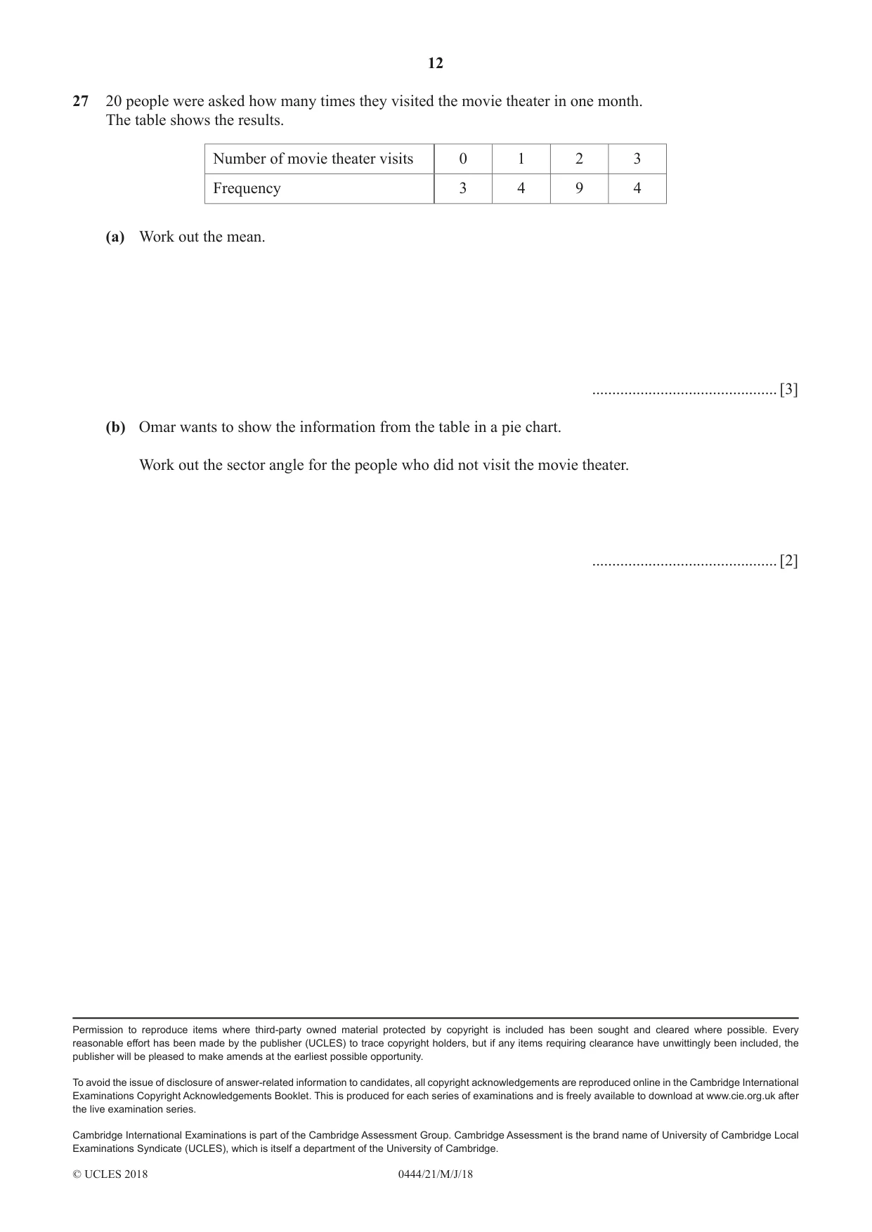 Cambridge IGCSE Mathematics (US) 0444 2018 May/June Paper 2 · Variant 1 question paper, page 12 of 12