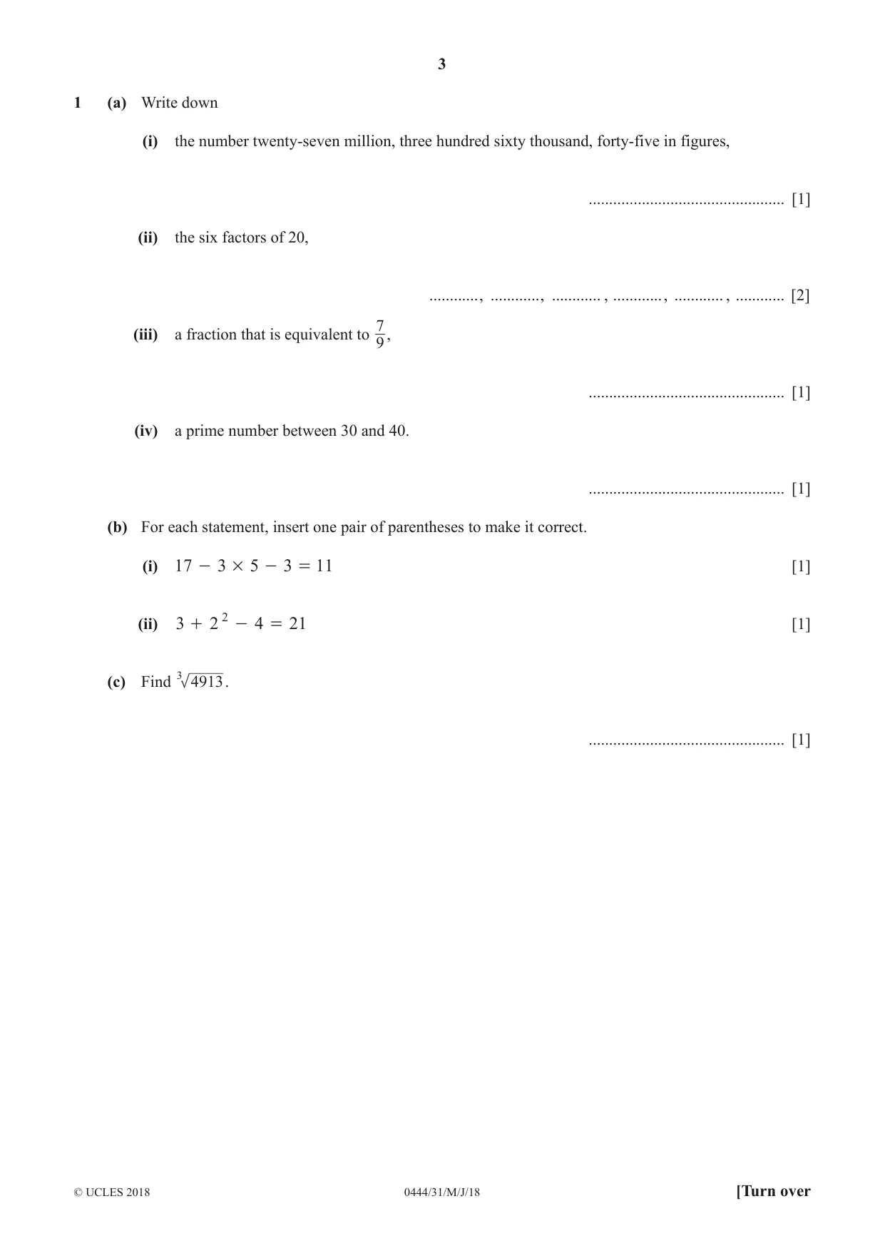 Cambridge IGCSE Mathematics (US) 0444 2018 May/June Paper 3 · Variant 1 question paper, page 3 of 20