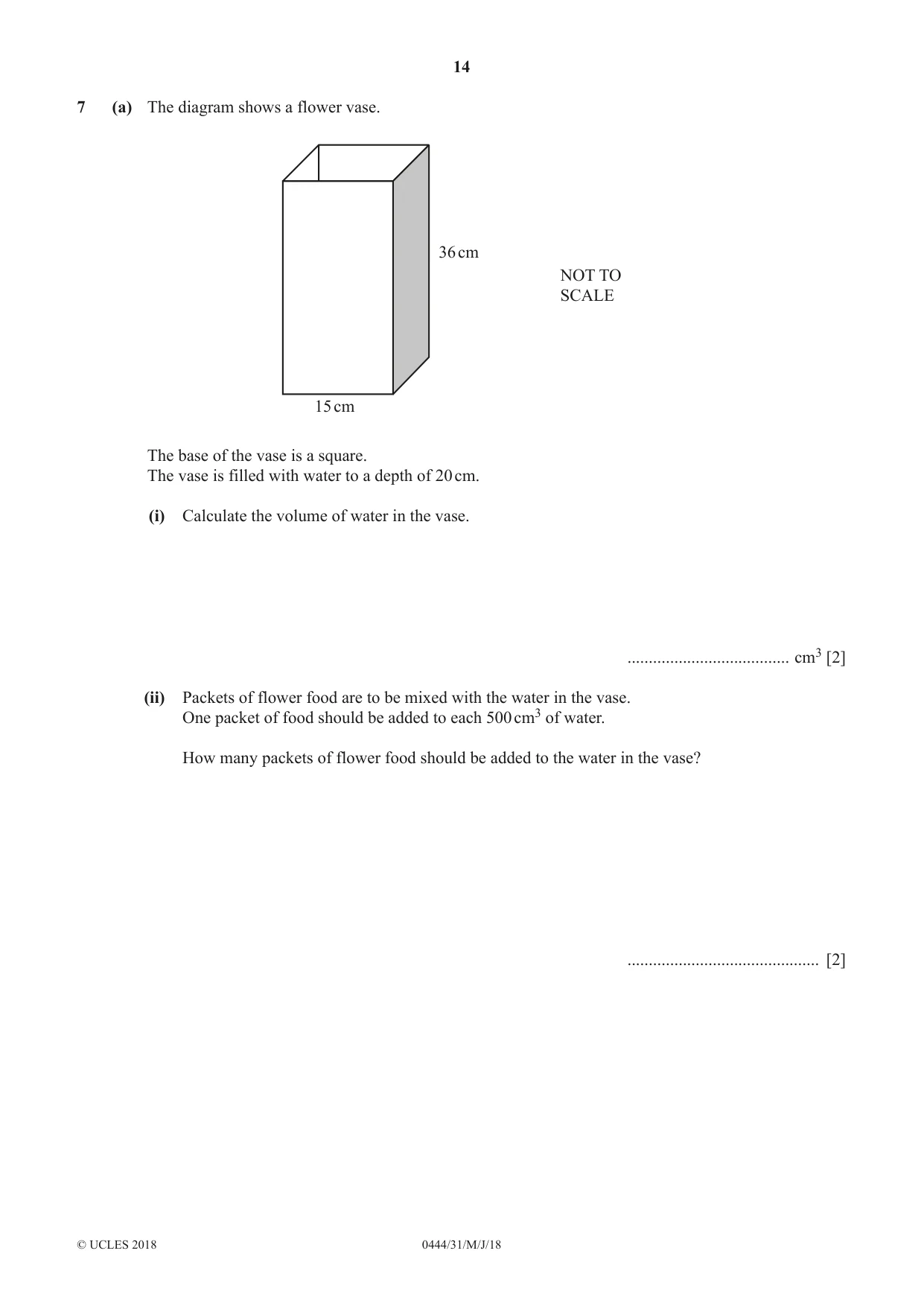 Cambridge IGCSE Mathematics (US) 0444 2018 May/June Paper 3 · Variant 1 question paper, page 14 of 20