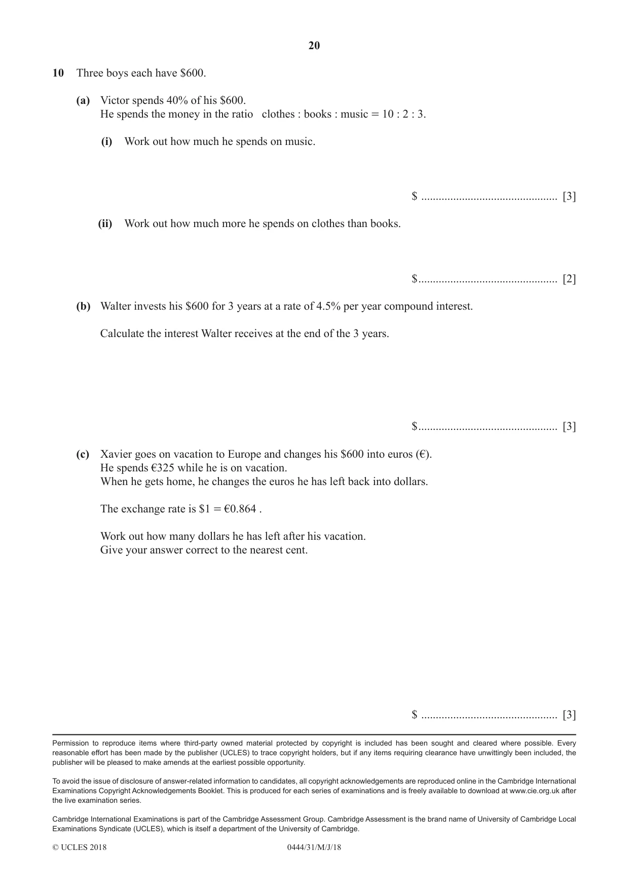 Cambridge IGCSE Mathematics (US) 0444 2018 May/June Paper 3 · Variant 1 question paper, page 20 of 20