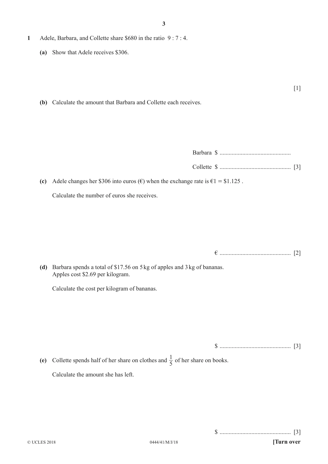 Cambridge IGCSE Mathematics (US) 0444 2018 May/June Paper 4 · Variant 1 question paper, page 3 of 20