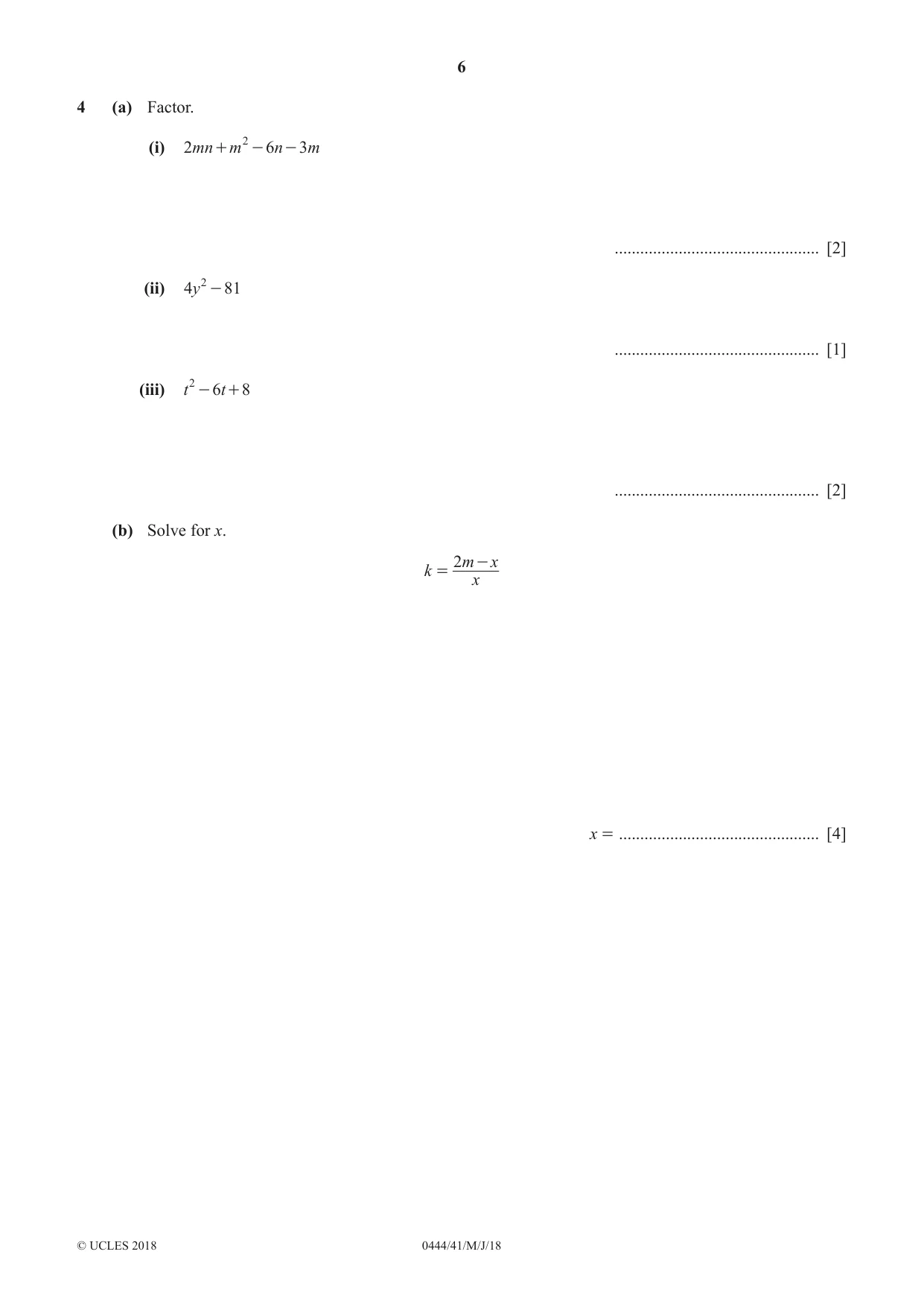 Cambridge IGCSE Mathematics (US) 0444 2018 May/June Paper 4 · Variant 1 question paper, page 6 of 20