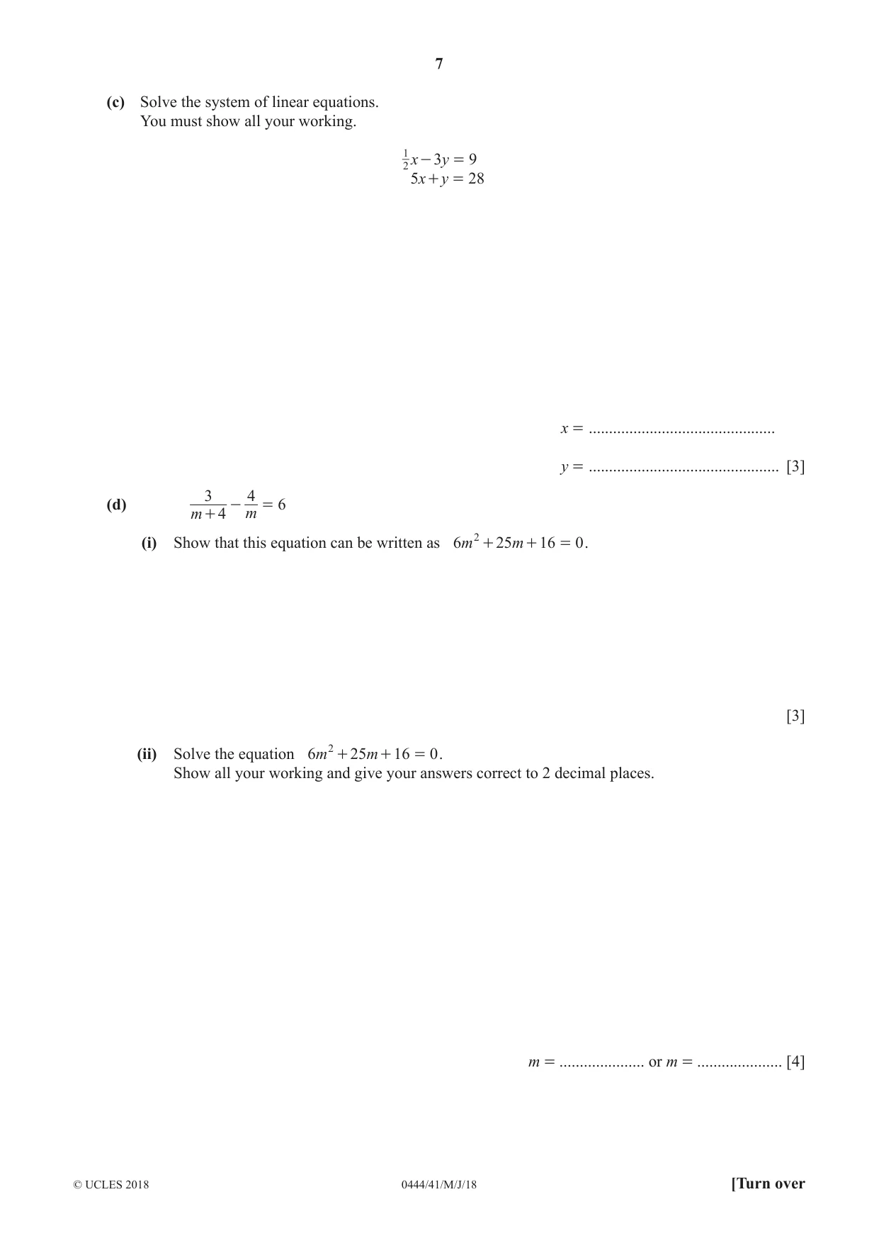 Cambridge IGCSE Mathematics (US) 0444 2018 May/June Paper 4 · Variant 1 question paper, page 7 of 20