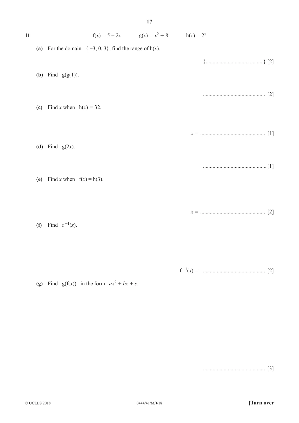 Cambridge IGCSE Mathematics (US) 0444 2018 May/June Paper 4 · Variant 1 question paper, page 17 of 20