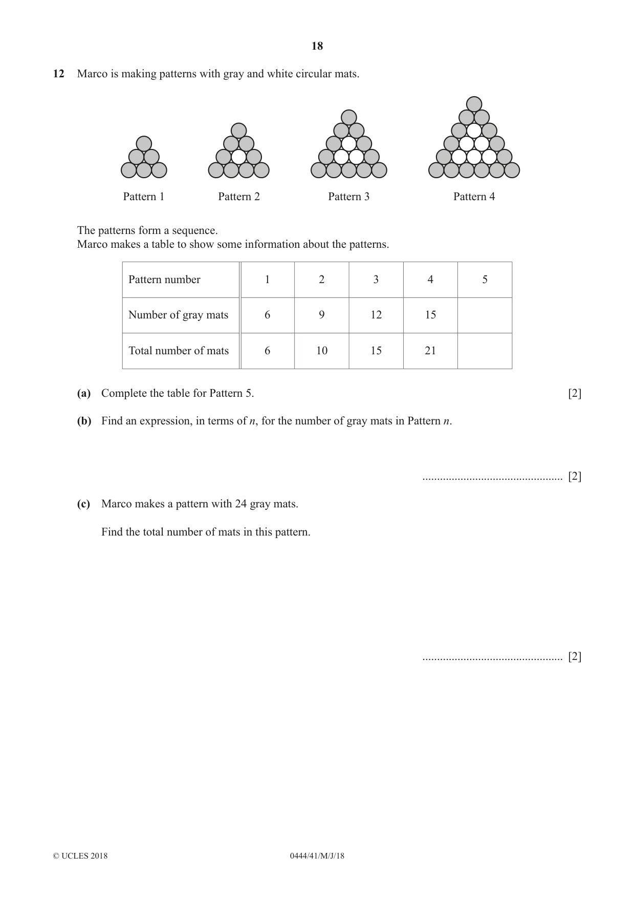 Cambridge IGCSE Mathematics (US) 0444 2018 May/June Paper 4 · Variant 1 question paper, page 18 of 20