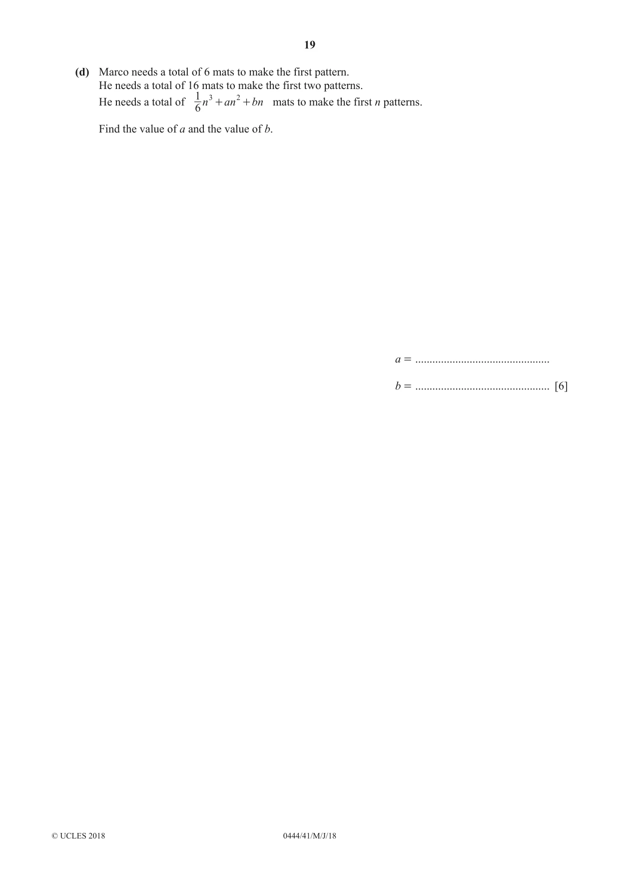Cambridge IGCSE Mathematics (US) 0444 2018 May/June Paper 4 · Variant 1 question paper, page 19 of 20