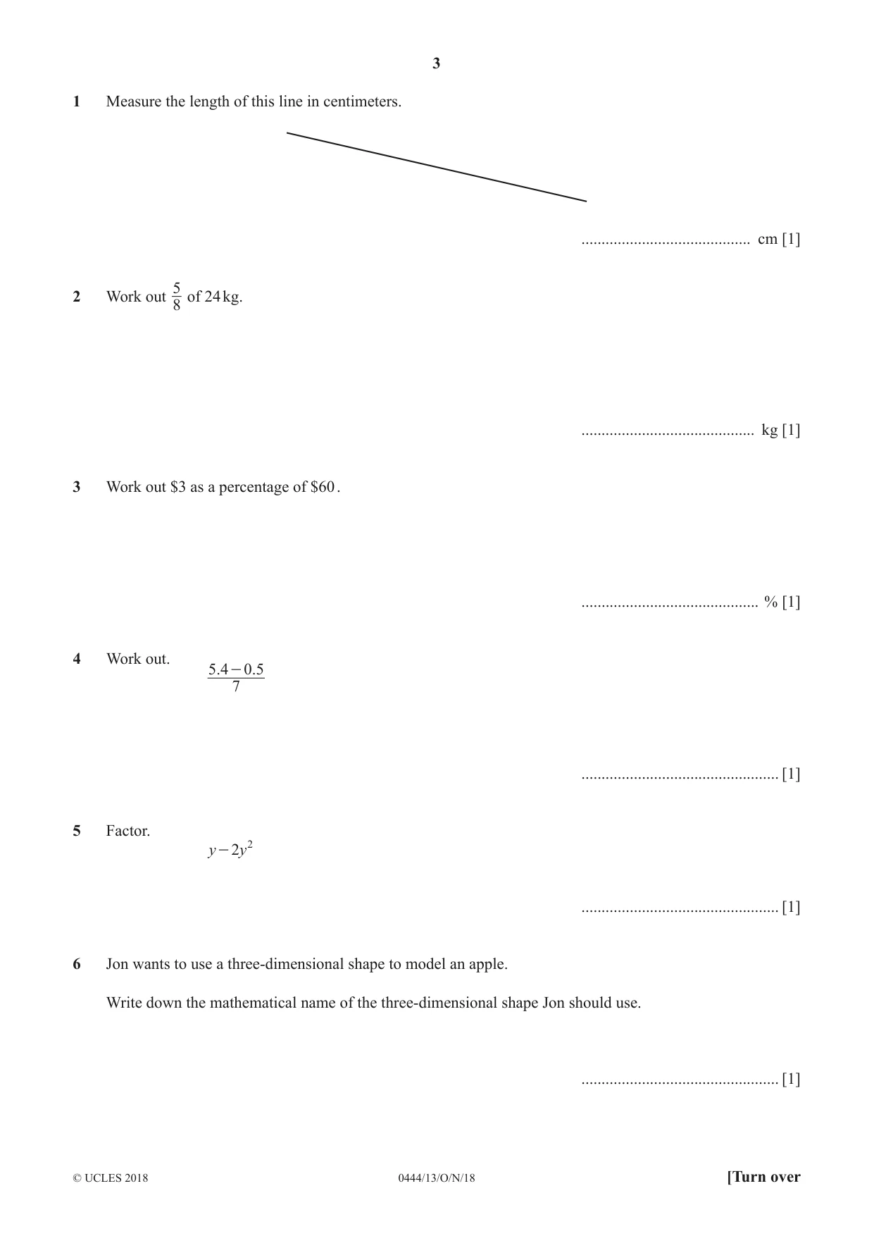 Cambridge IGCSE Mathematics (US) 0444 2018 Oct/Nov Paper 1 · Variant 3 question paper, page 3 of 12