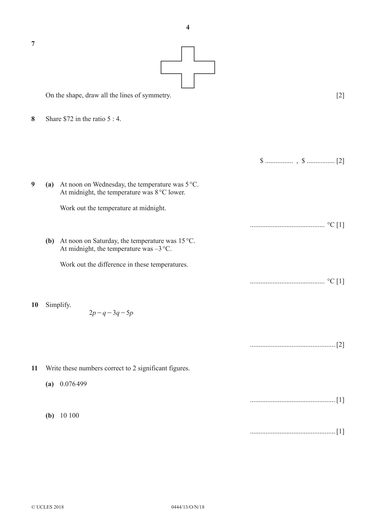 Cambridge IGCSE Mathematics (US) 0444 2018 Oct/Nov Paper 1 · Variant 3 question paper, page 4 of 12