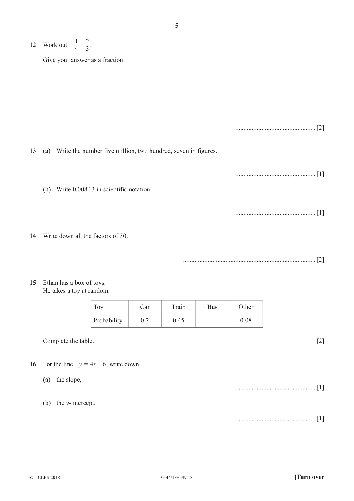 Cambridge IGCSE Mathematics (US) 0444 2018 Oct/Nov Paper 1 · Variant 3 question paper, page 5 of 12