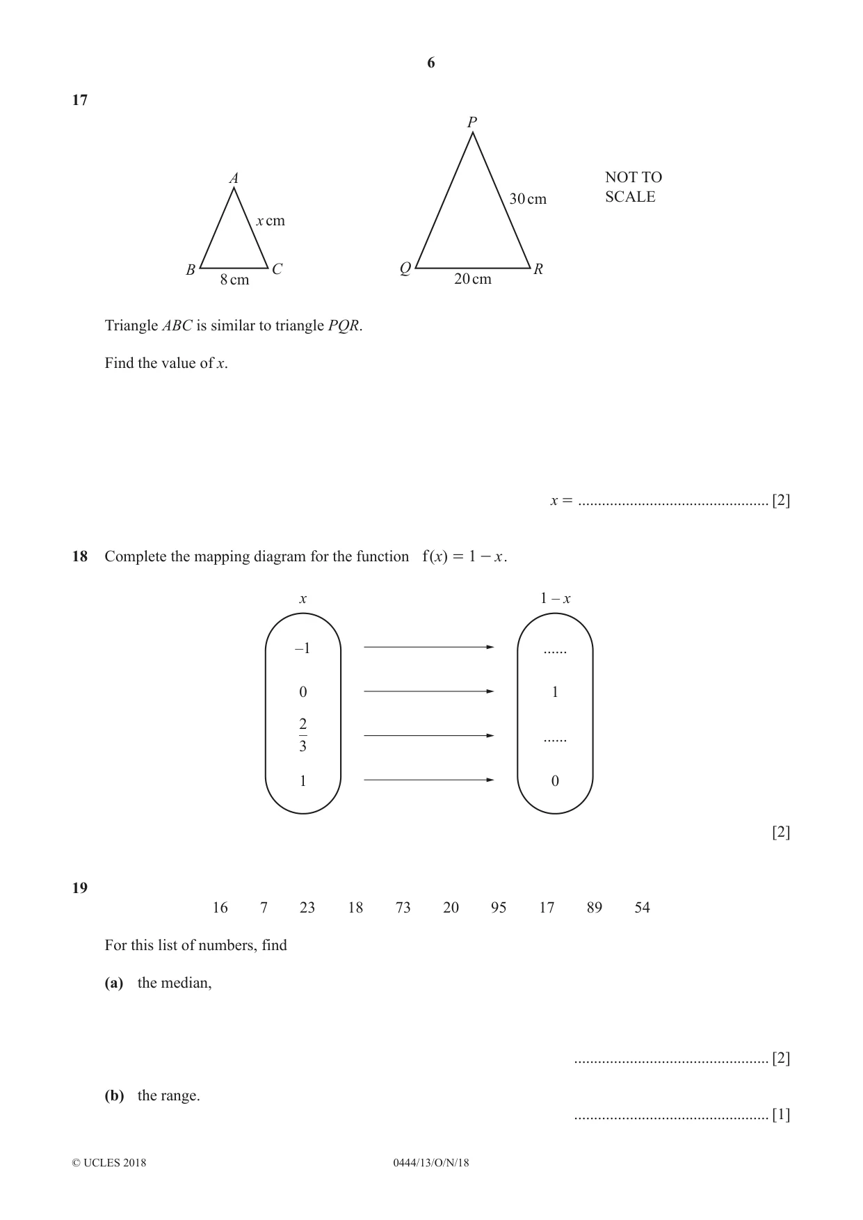 Cambridge IGCSE Mathematics (US) 0444 2018 Oct/Nov Paper 1 · Variant 3 question paper, page 6 of 12