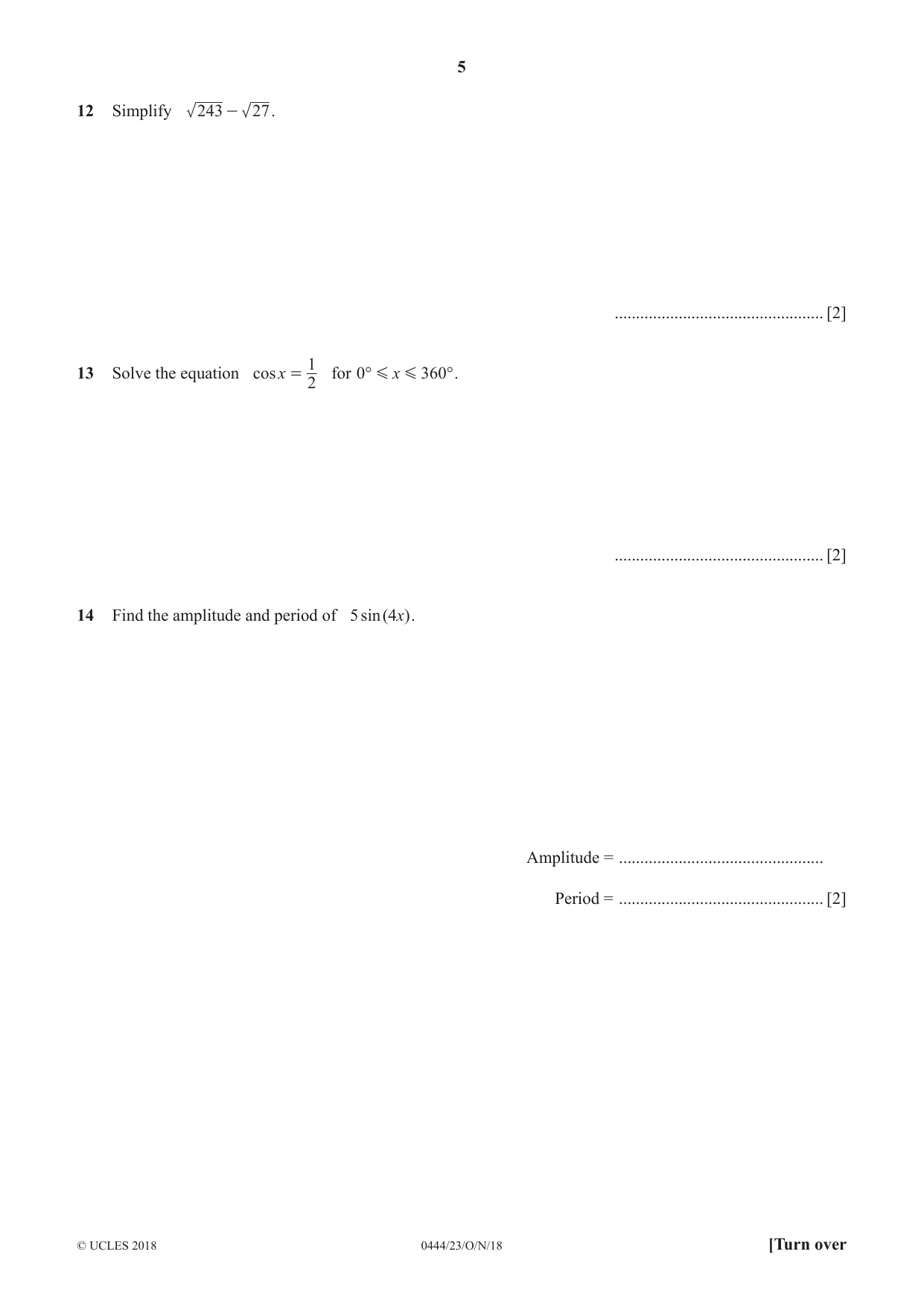 Cambridge IGCSE Mathematics (US) 0444 2018 Oct/Nov Paper 2 · Variant 3 question paper, page 5 of 12