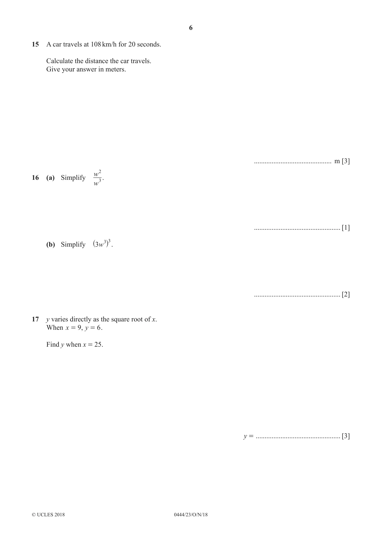 Cambridge IGCSE Mathematics (US) 0444 2018 Oct/Nov Paper 2 · Variant 3 question paper, page 6 of 12