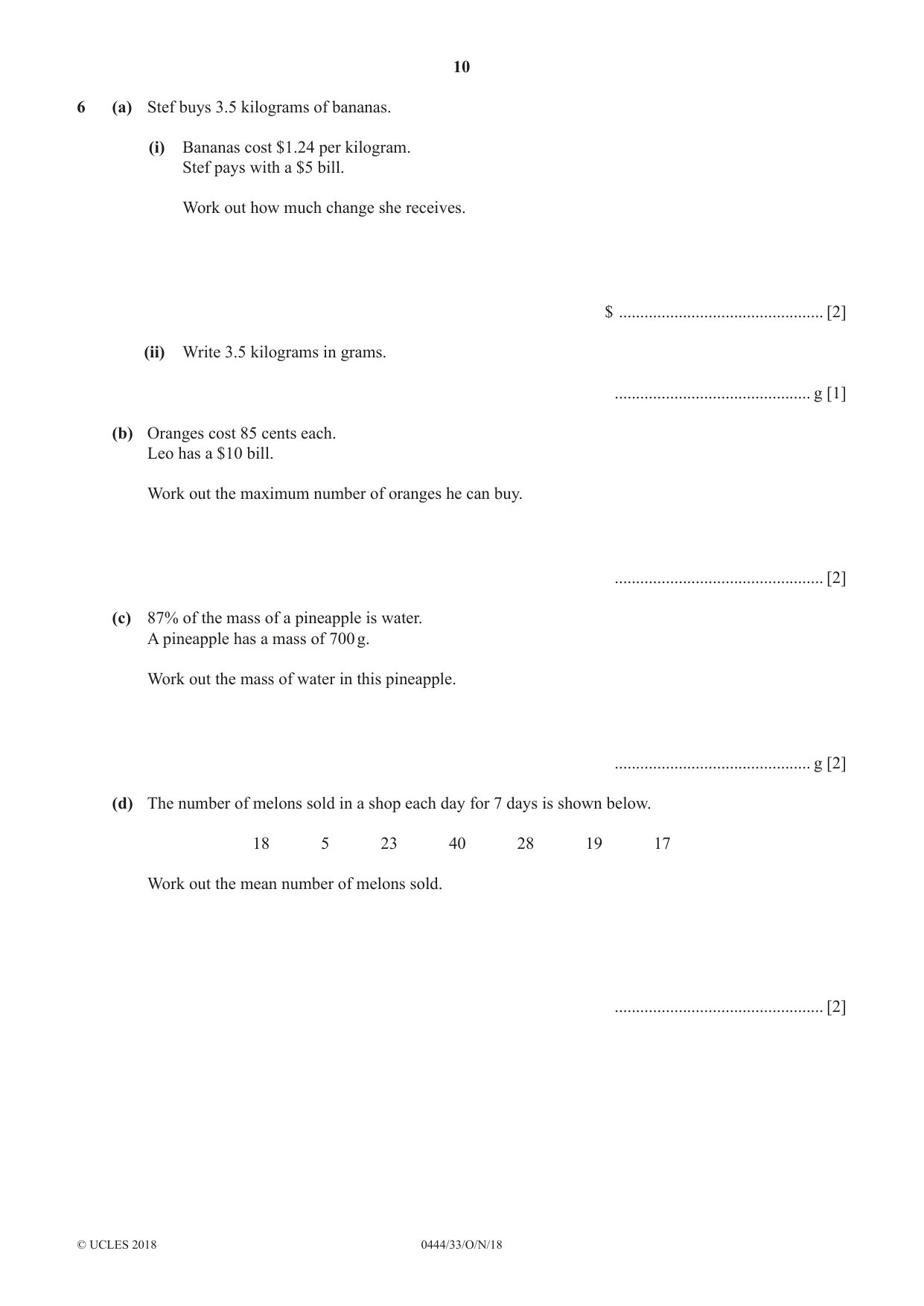 Cambridge IGCSE Mathematics (US) 0444 2018 Oct/Nov Paper 3 · Variant 3 question paper, page 10 of 16