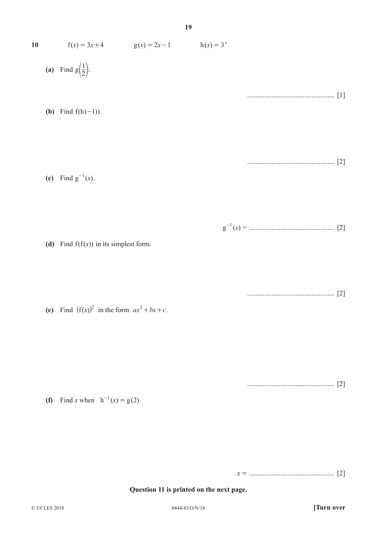 Cambridge IGCSE Mathematics (US) 0444 2018 Oct/Nov Paper 4 · Variant 3 question paper, page 19 of 20