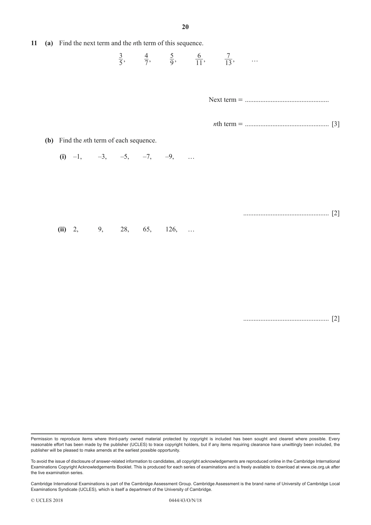 Cambridge IGCSE Mathematics (US) 0444 2018 Oct/Nov Paper 4 · Variant 3 question paper, page 20 of 20