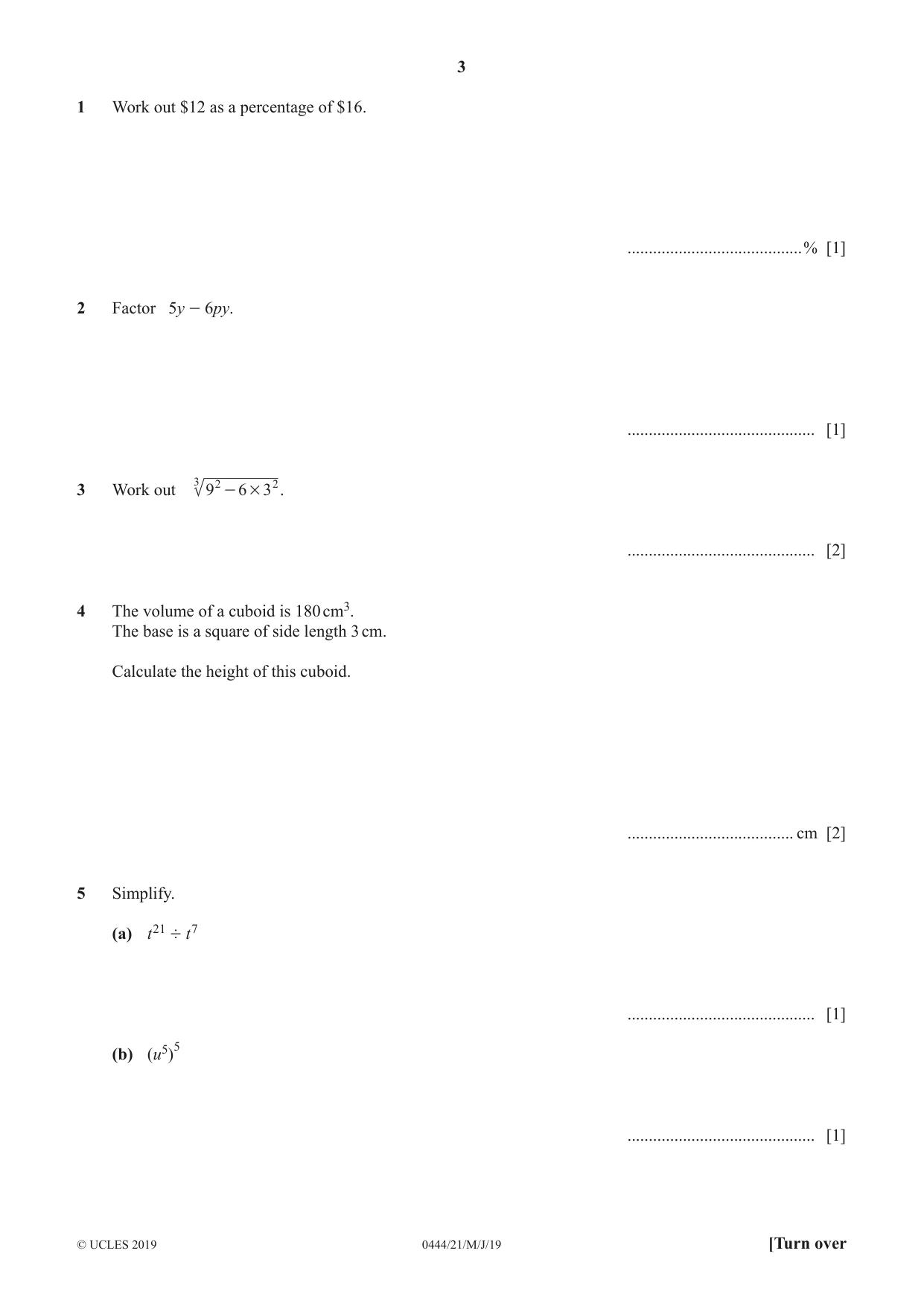 Cambridge IGCSE Mathematics (US) 0444 2019 May/June Paper 2 · Variant 1 question paper, page 3 of 12