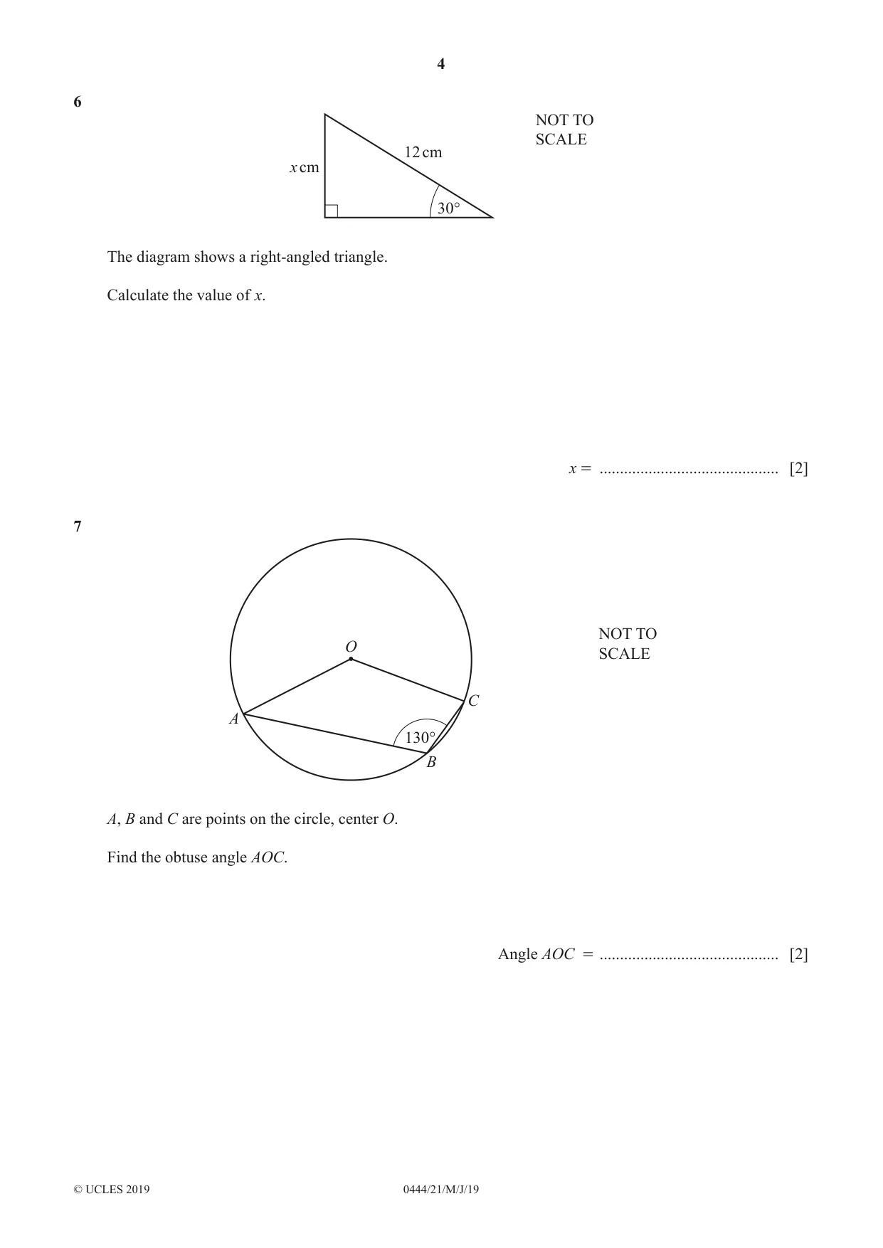 Cambridge IGCSE Mathematics (US) 0444 2019 May/June Paper 2 · Variant 1 question paper, page 4 of 12