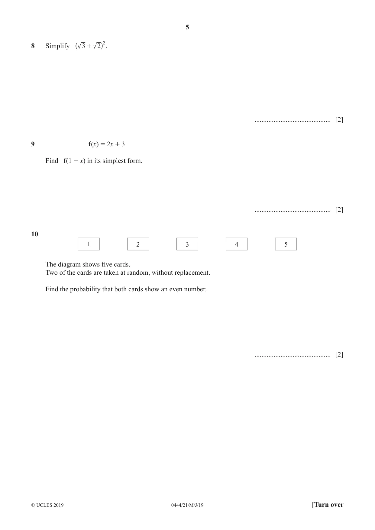 Cambridge IGCSE Mathematics (US) 0444 2019 May/June Paper 2 · Variant 1 question paper, page 5 of 12