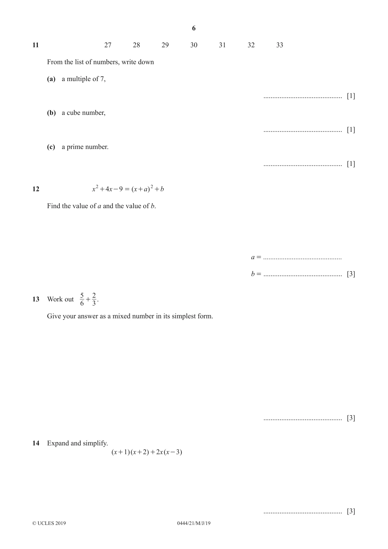 Cambridge IGCSE Mathematics (US) 0444 2019 May/June Paper 2 · Variant 1 question paper, page 6 of 12