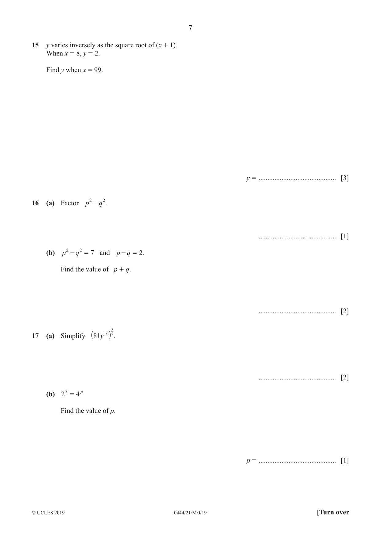 Cambridge IGCSE Mathematics (US) 0444 2019 May/June Paper 2 · Variant 1 question paper, page 7 of 12