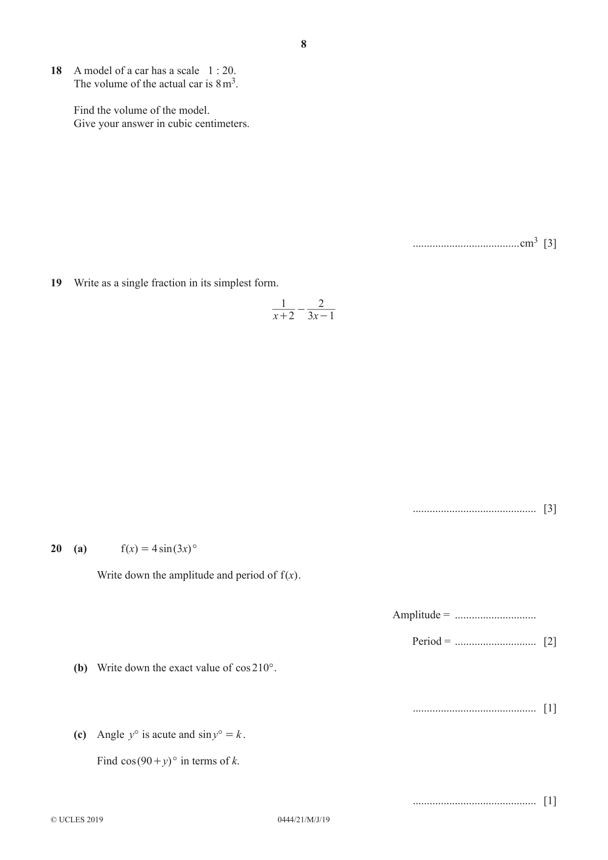 Cambridge IGCSE Mathematics (US) 0444 2019 May/June Paper 2 · Variant 1 question paper, page 8 of 12